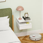 Floating Nightstand for Bedroom with Drawer and Wooden Shelf, 35x32x22.5cm, White