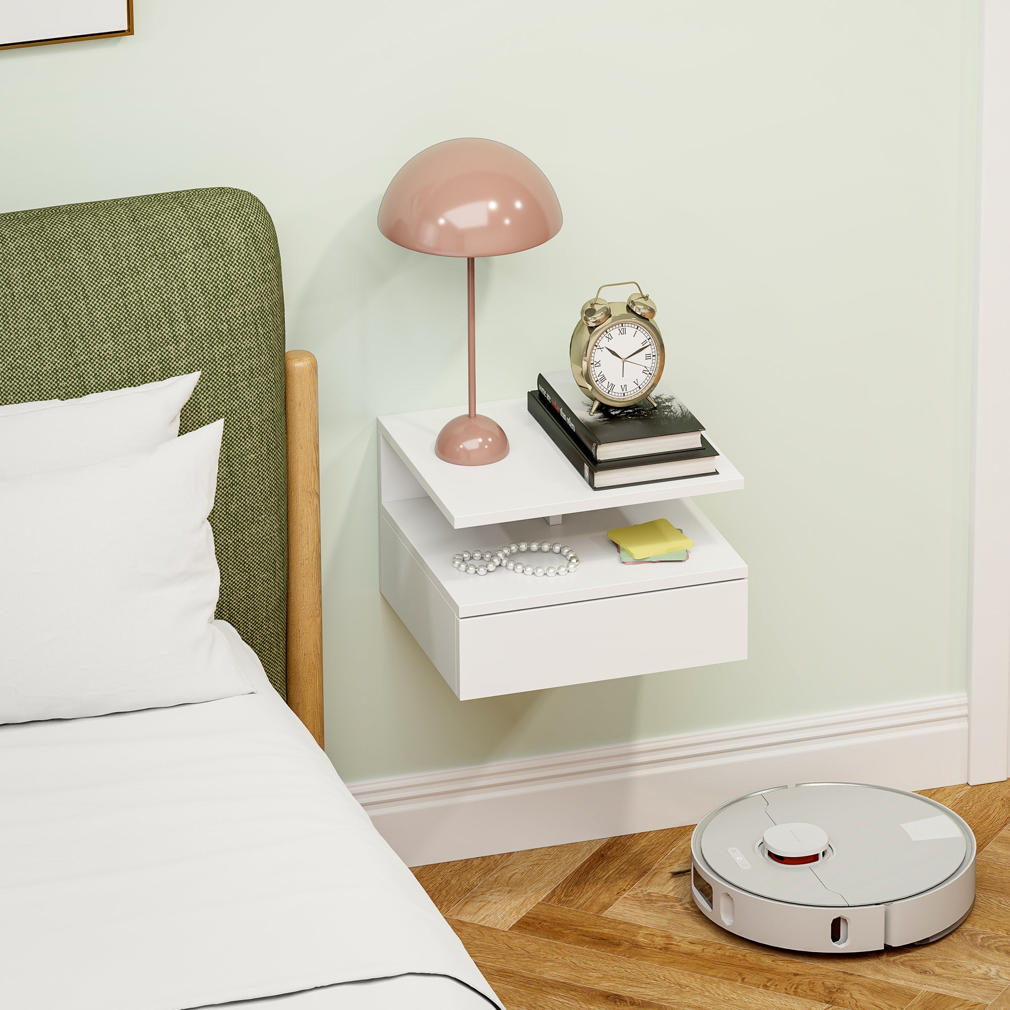 Floating Nightstand for Bedroom with Drawer and Wooden Shelf, 35x32x22.5cm, White