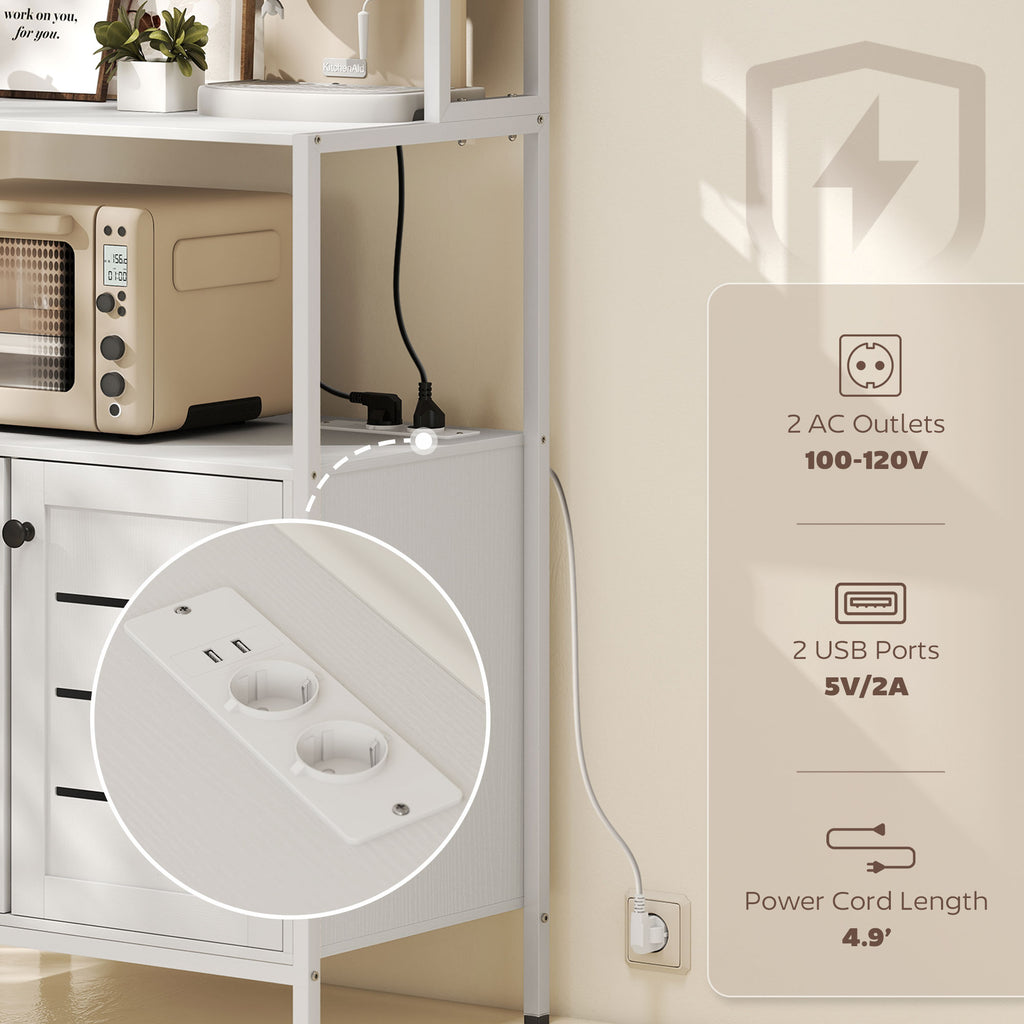 Mobile Pantry with Shelves, Cabinets and 2 Charging Sockets, in Wood and Steel, 80x42x171 cm, White