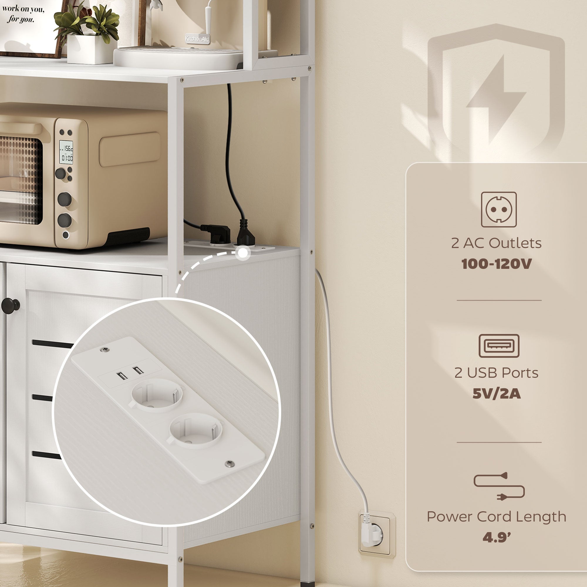 Mobile Pantry with Shelves, Cabinets and 2 Charging Sockets, in Wood and Steel, 80x42x171 cm, White
