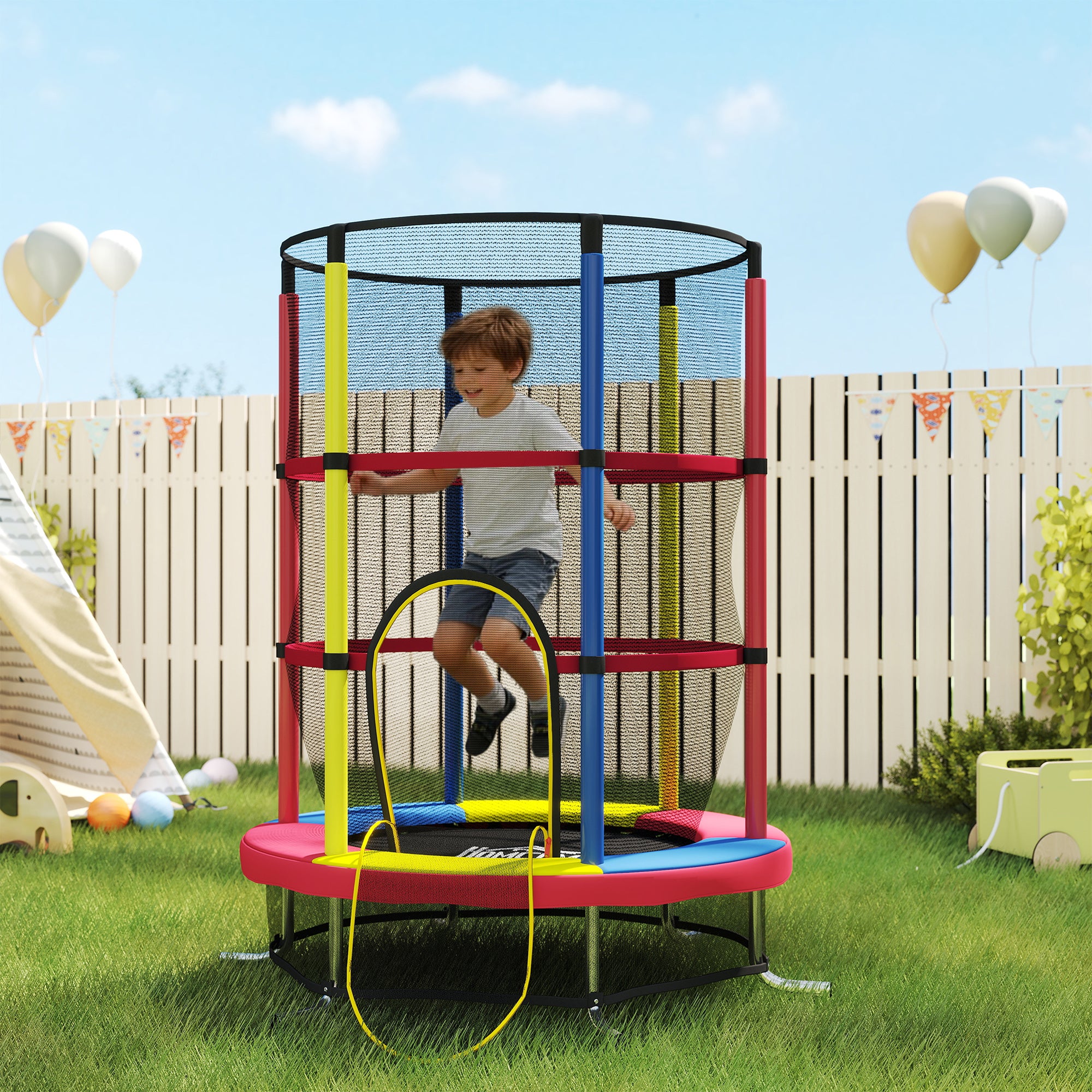 HOMCOM Trampoline for Children 3-6 Years with Safety Net, Without Springs, Ø160x190 cm, Multicolored