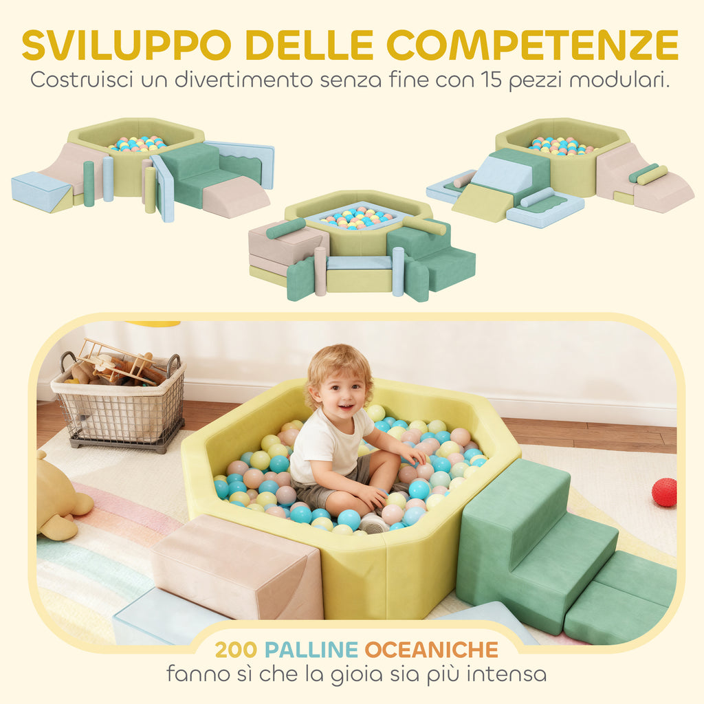 15-Piece Set of Soft Modular Building Blocks for Children with 200 Balls for Indoor Use, Multicolored