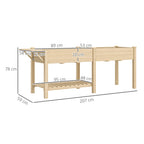 Raised Planter with Side Table and Lower Tool Shelf, in Fir Wood, 207x59x78 cm