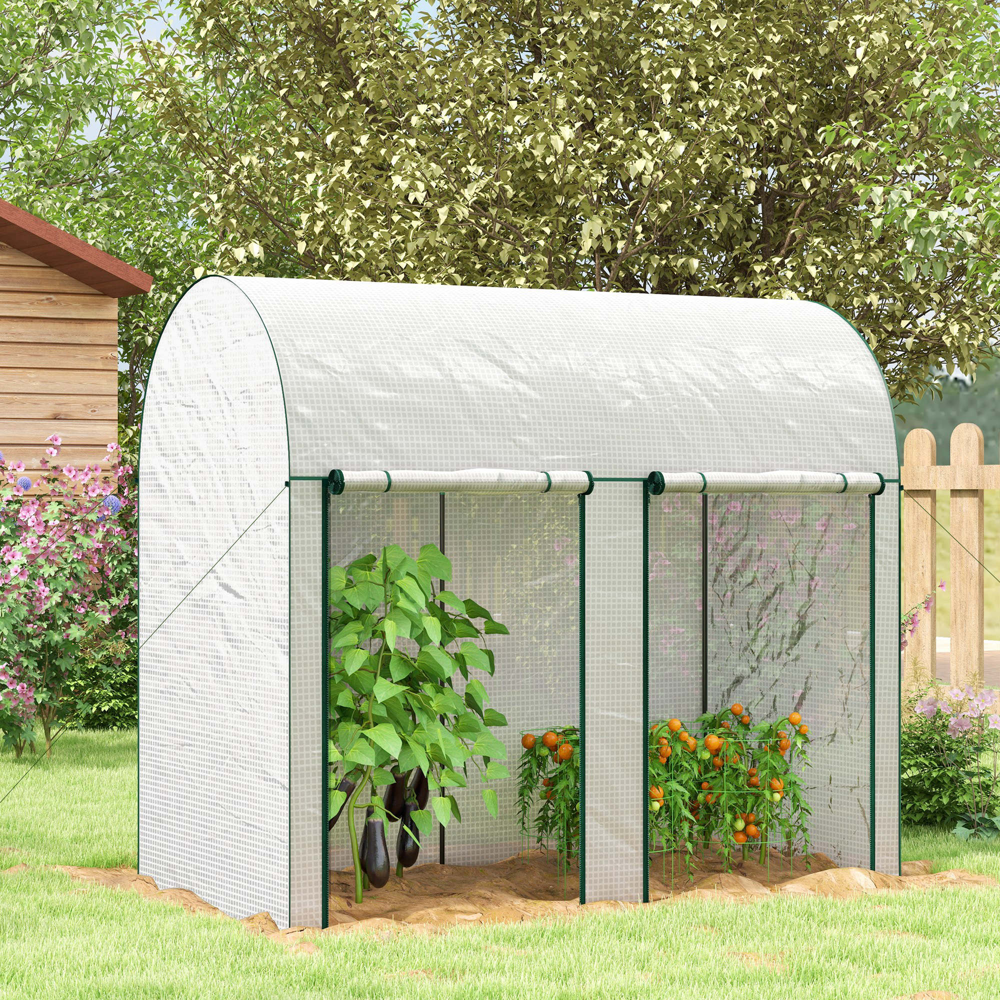 2m² Garden Greenhouse, 2 Roller Doors, 140g/m² Anti-UV PE Cover, 2x1x1.78m, White