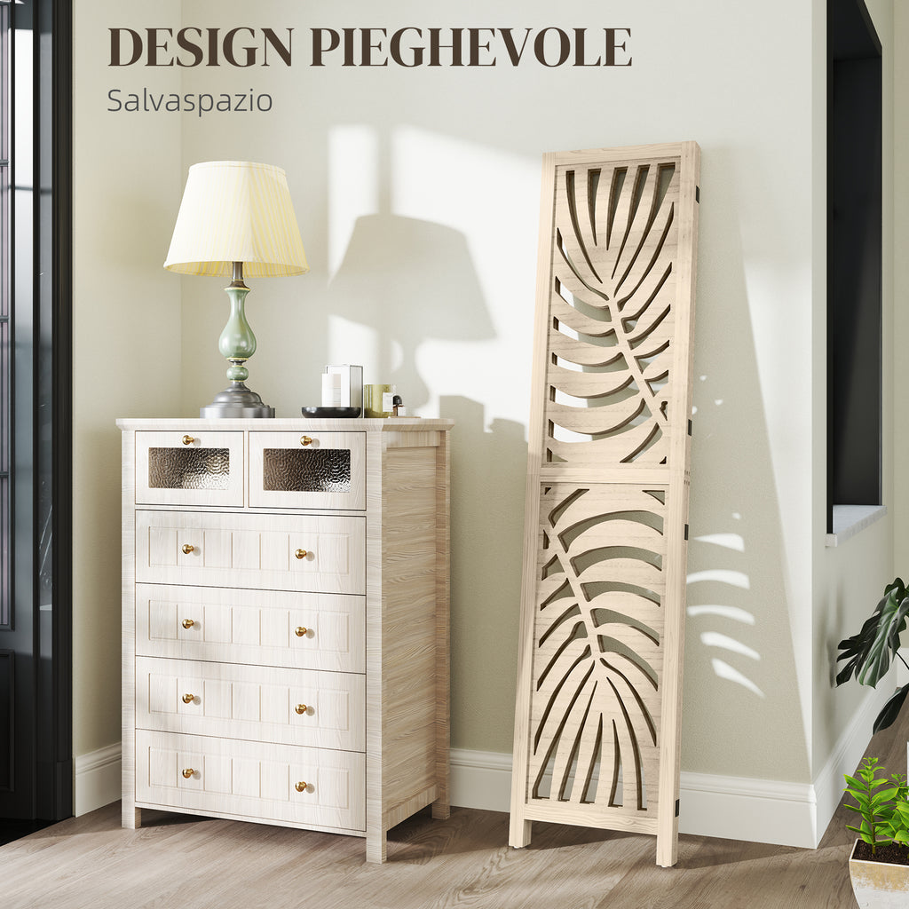 3-Panel Folding and Separable Wooden Room Divider, Leaf Design, 120x170 cm, Wood Color