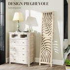 3-Panel Folding and Separable Wooden Room Divider, Leaf Design, 120x170 cm, Wood Color