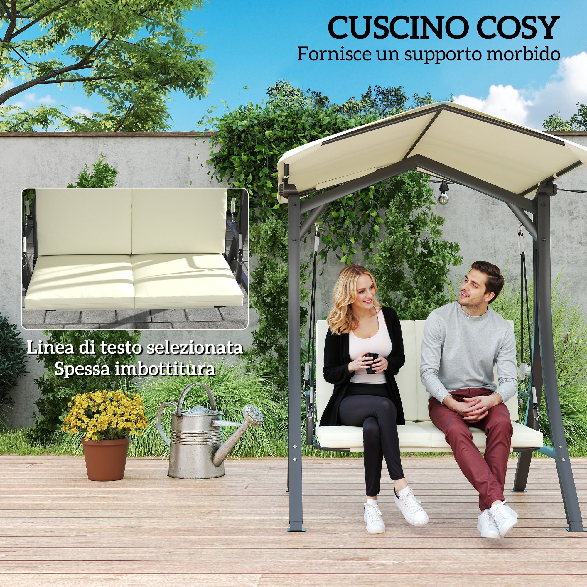 2 Seater Garden Swing with Adjustable Canopy and Cushions, 150x120x182 cm, Cream