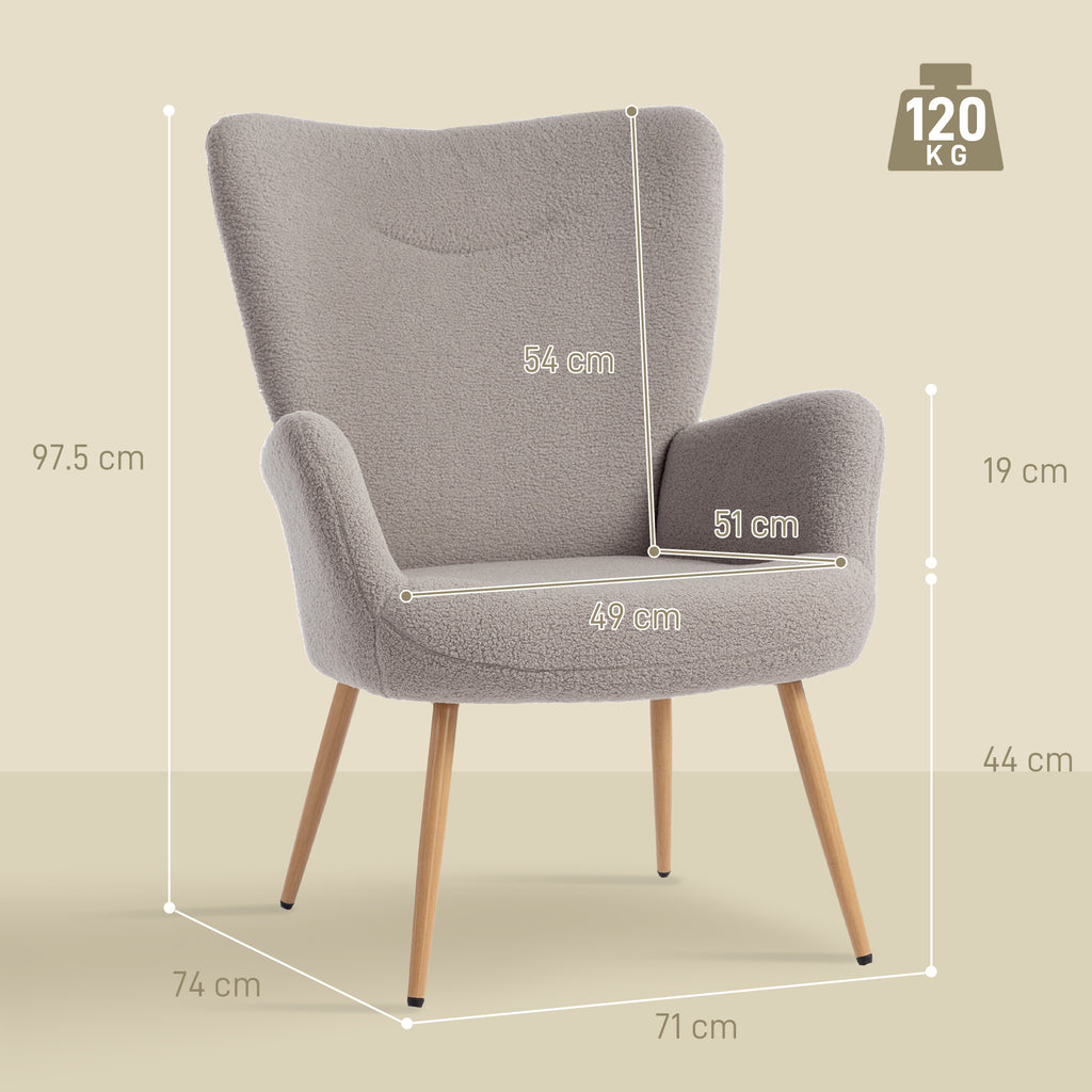 Modern Sherpa Fabric Upholstered Armchair with High Back and Armrests, Grey