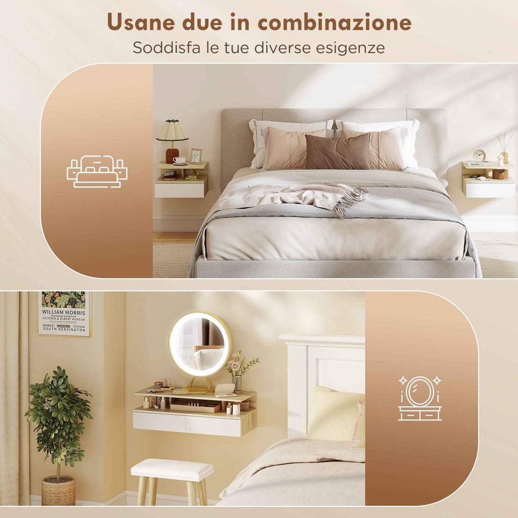 HOMCOM Set of 2 Floating Bedside Tables with Drawer and Open Shelf, 35x32x22.5 cm, White and Oak