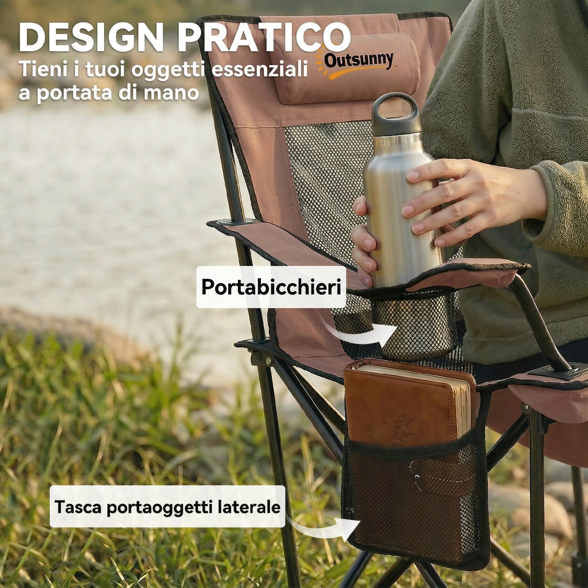 Outsunny Set of 2 Folding Camping Chairs in Oxford Fabric and Metal with Detachable Footrest, Brown and Black