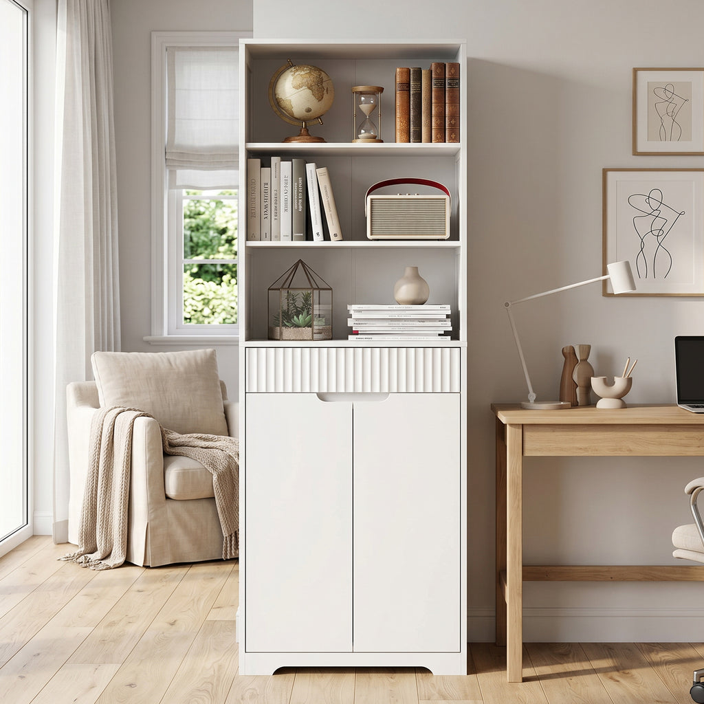HOMCOM Tall Bathroom Cabinet, Narrow Cabinet with 3 Open Shelves and Drawer, Wooden, 60x30x171 cm, White