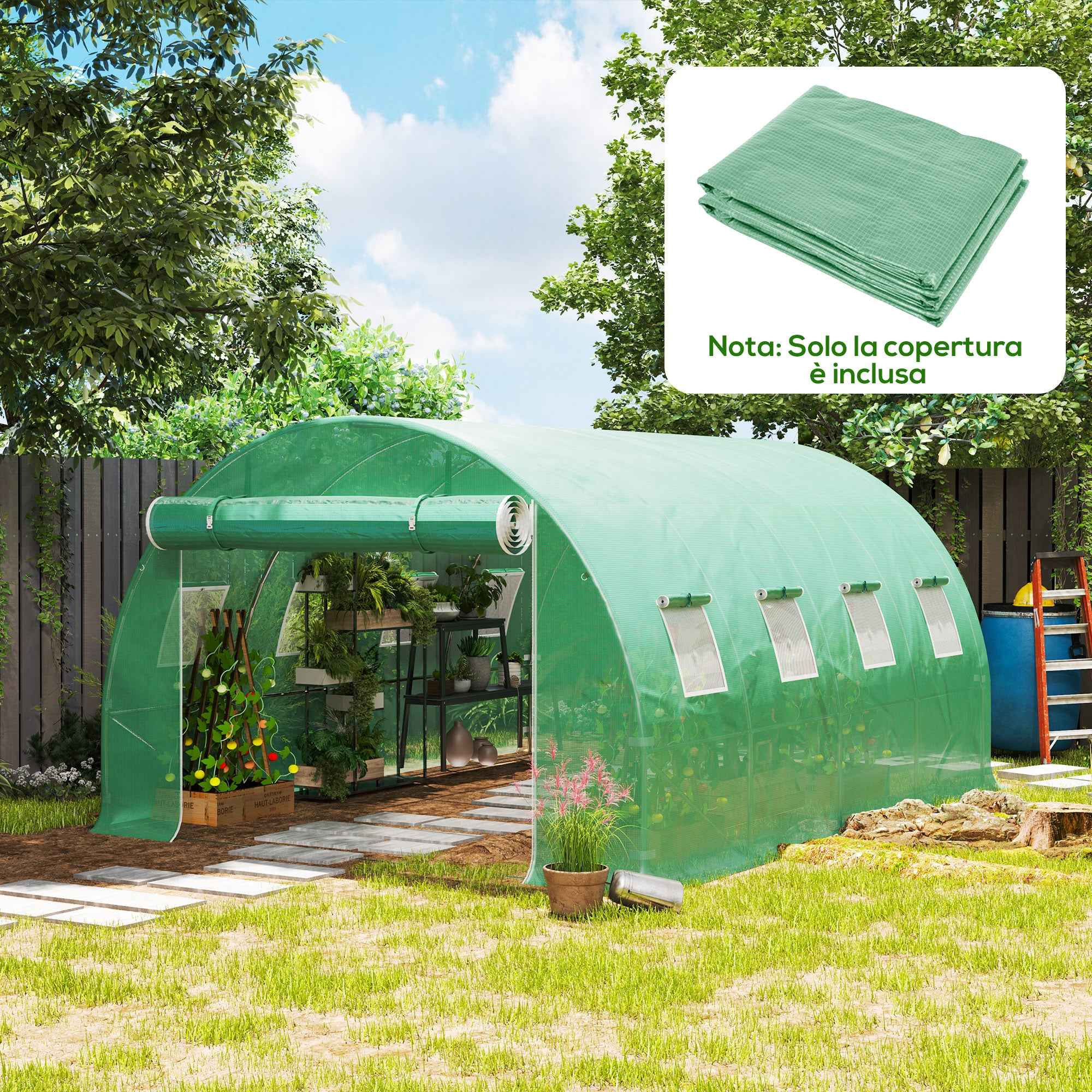 Outsunny PE Greenhouse Cover with 8 Windows, Roll-Up Door and Buried Edges, 4x3x2 m, Green