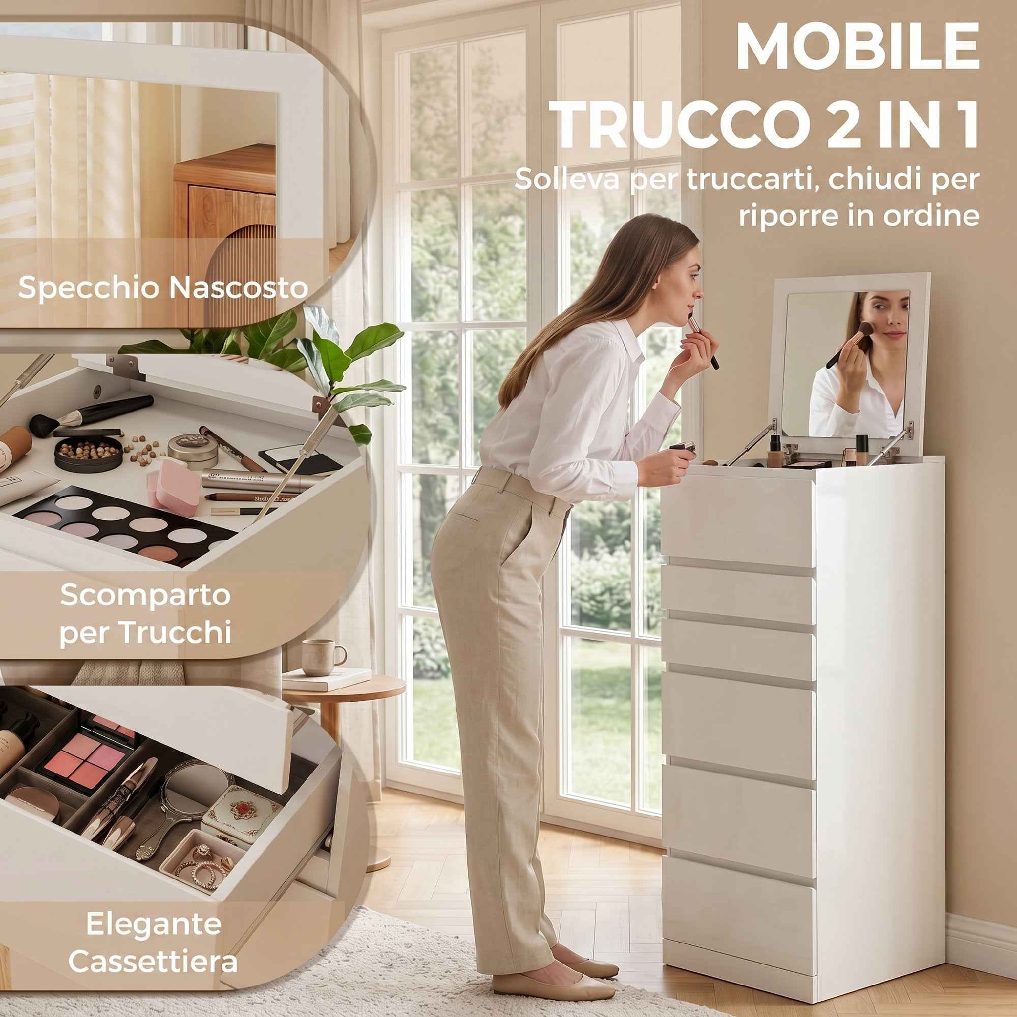 HOMCOM 6-Drawer Bedroom Chest with Hinged Mirror, 40x48x110 cm, White