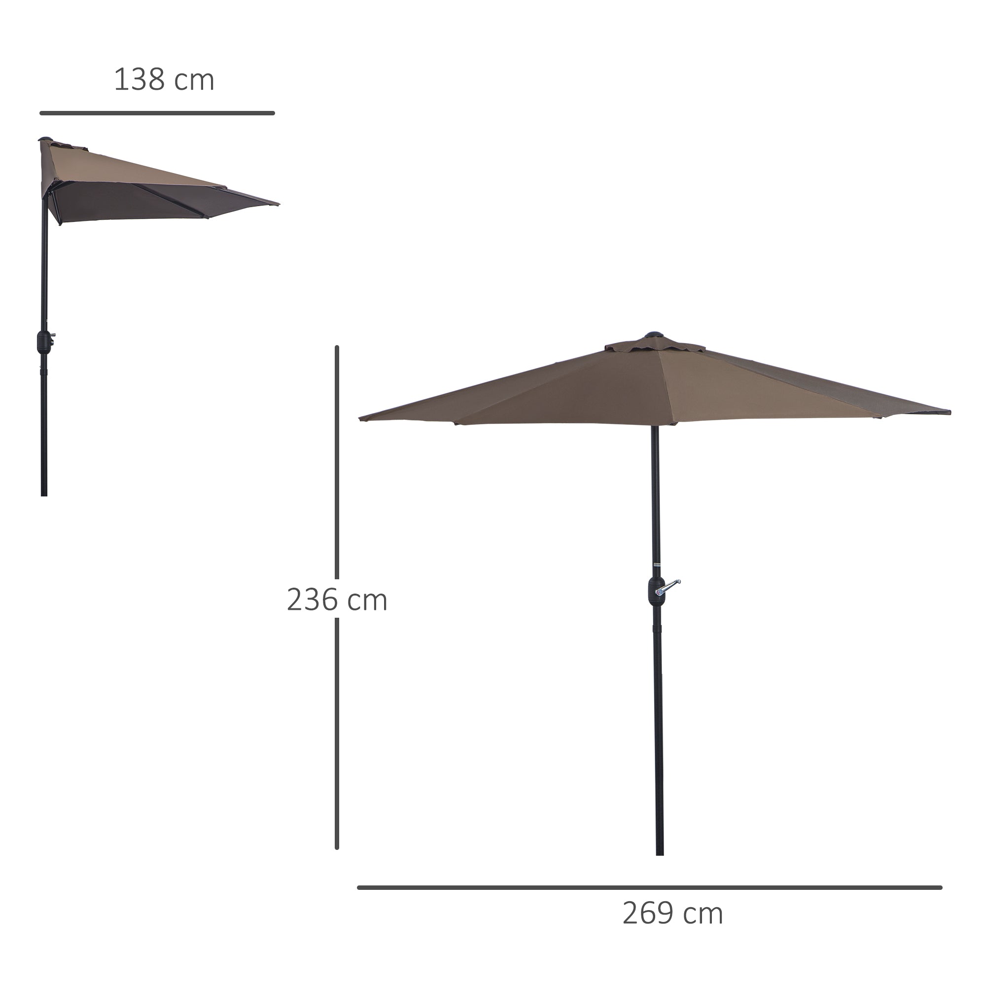 Space-Saving Mezzaluna Wall Umbrella with Crank Opening, Coffee