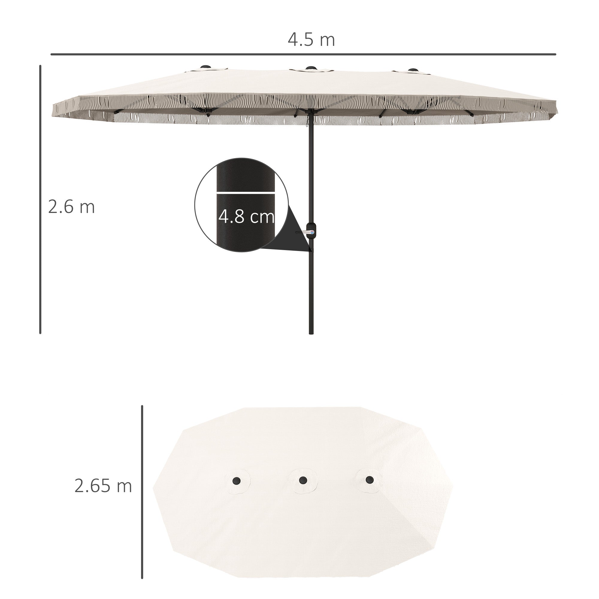 Double Umbrella with 12 Ribs with Crank, in Polyester and Steel, 450x265x260 cm, Cream White