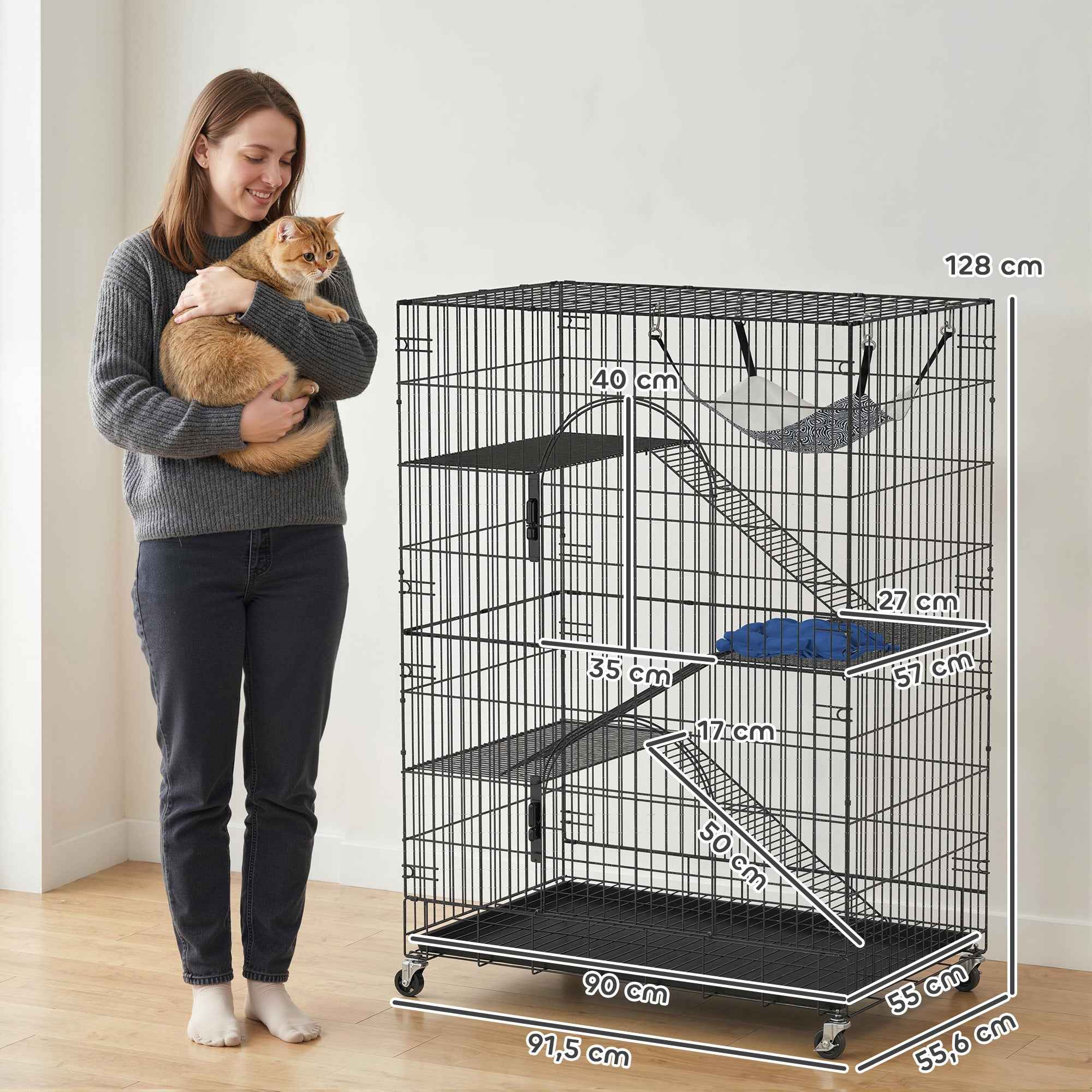 PawHut 4-Tier Cat House with Hammock, Bed, Ramps and Metal Platforms with Pull-Out Tray, Black