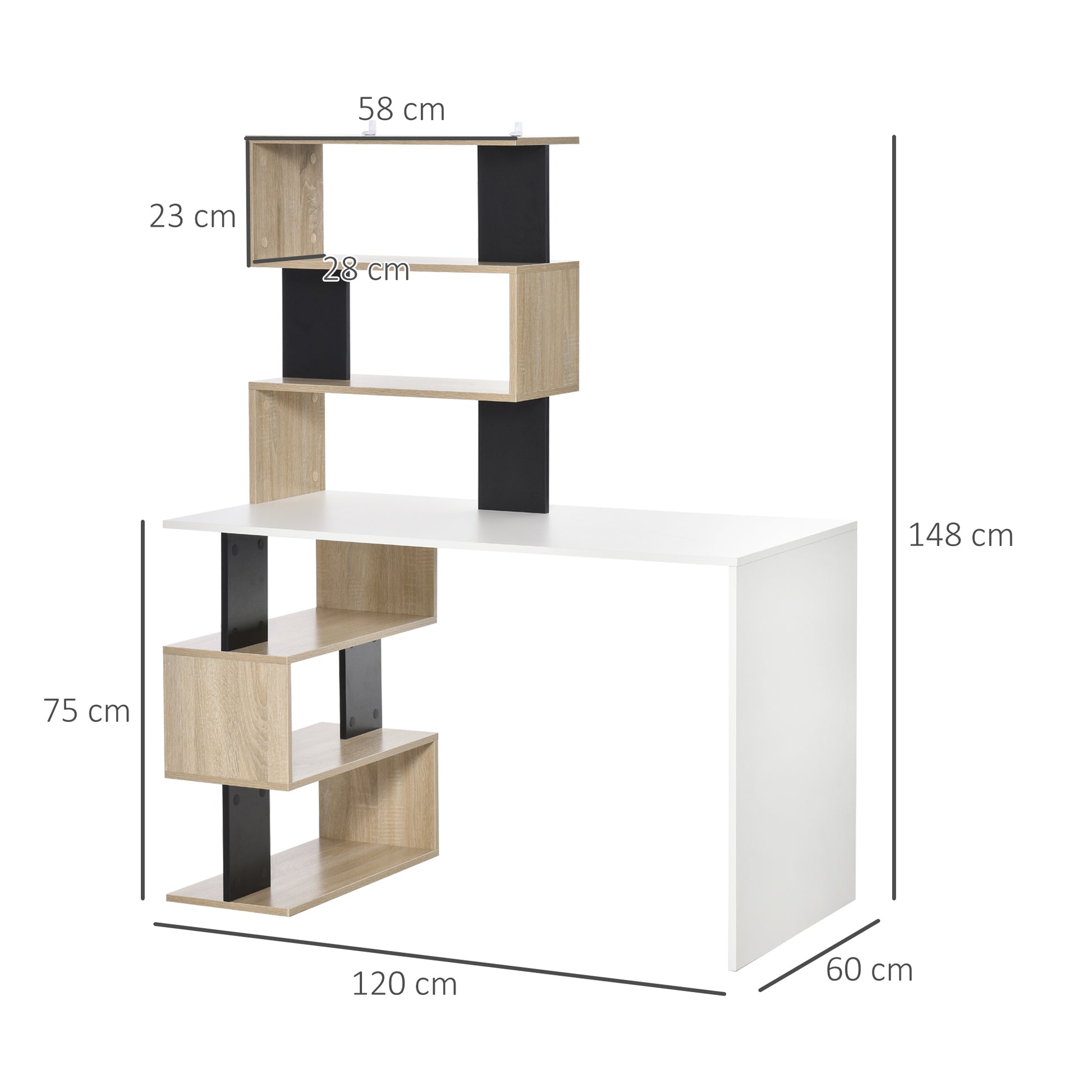 HOMCOM Desk with Bookcase for Bedroom, Office Desk, PC Desk in Multicolored Wood, 120x60x148cm - Borgè