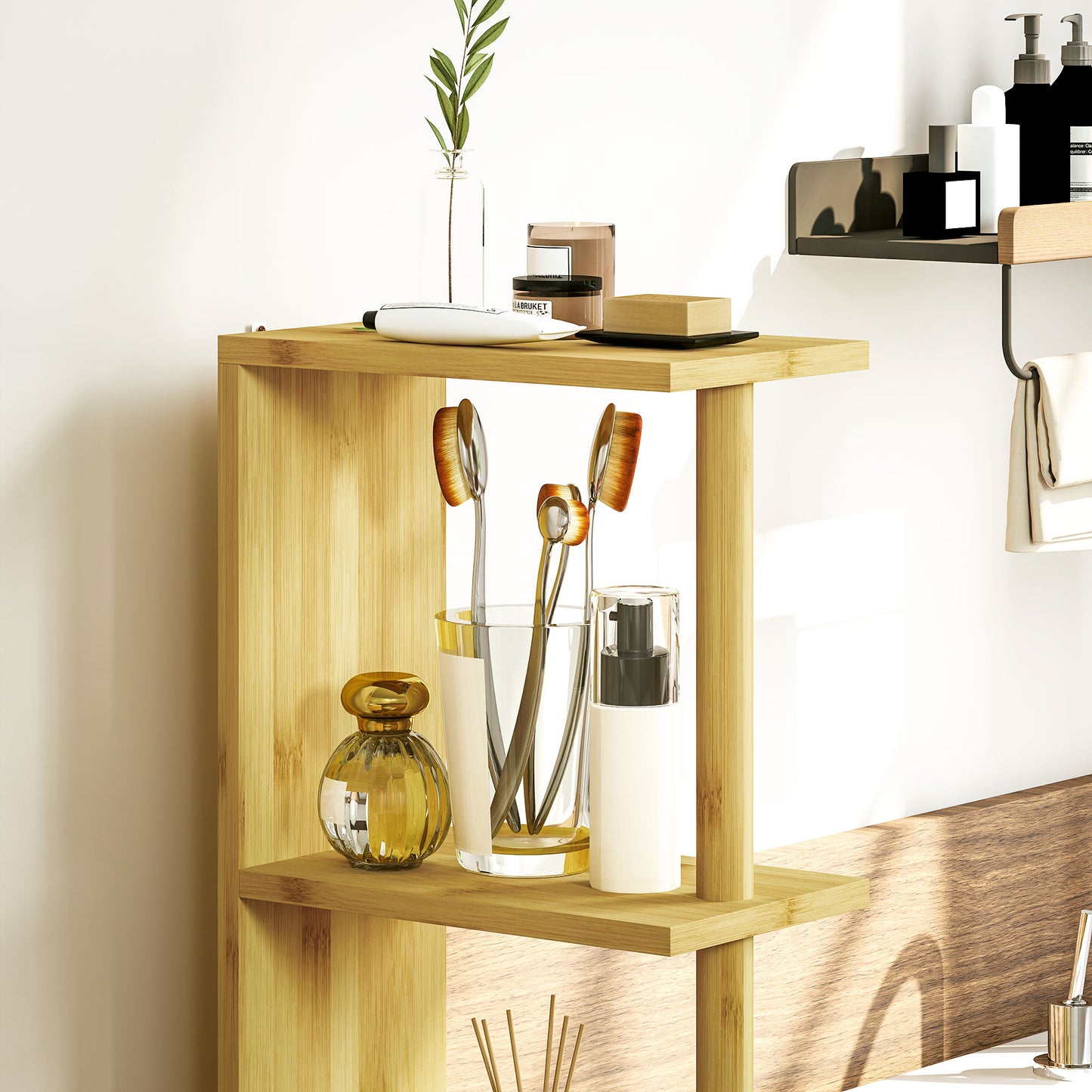 Bathroom Column with Open Shelves and Cabinets with Magnetic Doors, 18x30x120 cm, Wood Color