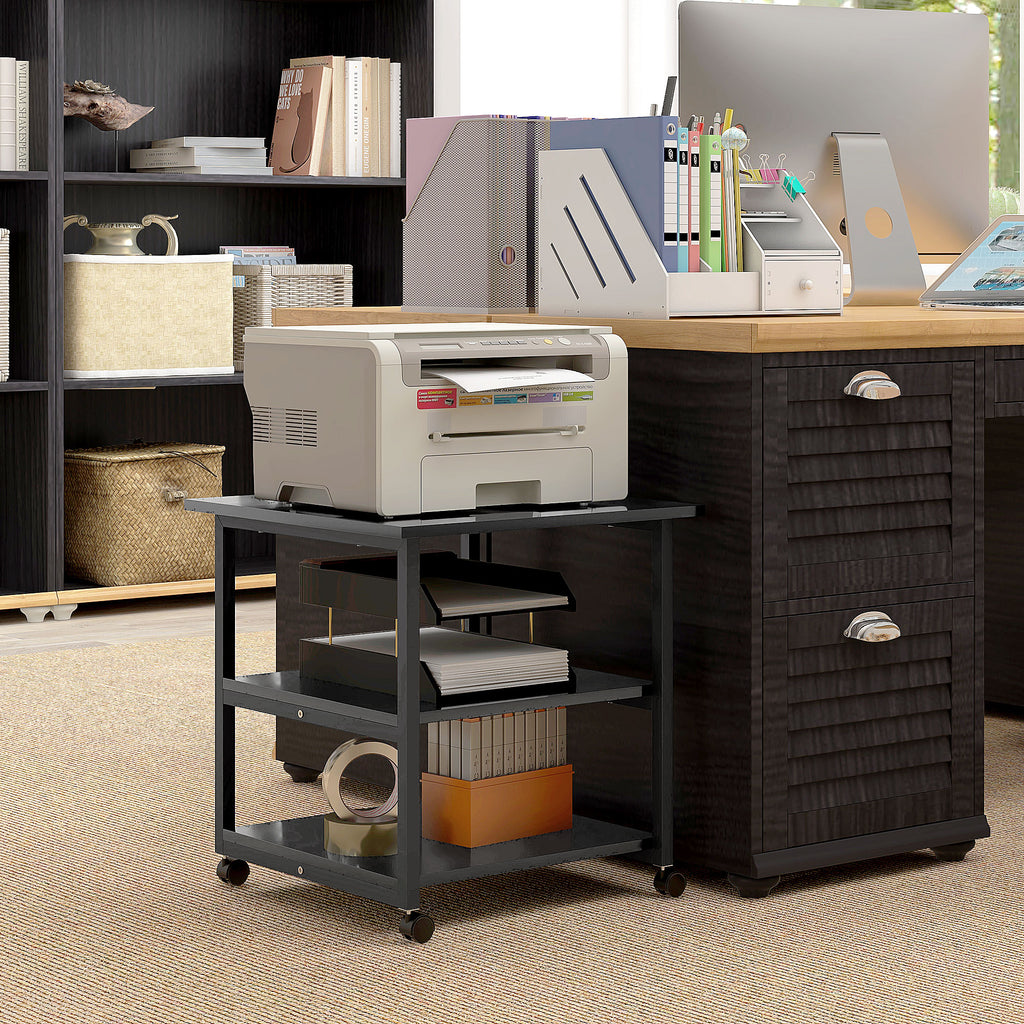 3-Tier Printer Cart with 4 Wheels, Wood and Steel, 50x50x52.5cm, Black
