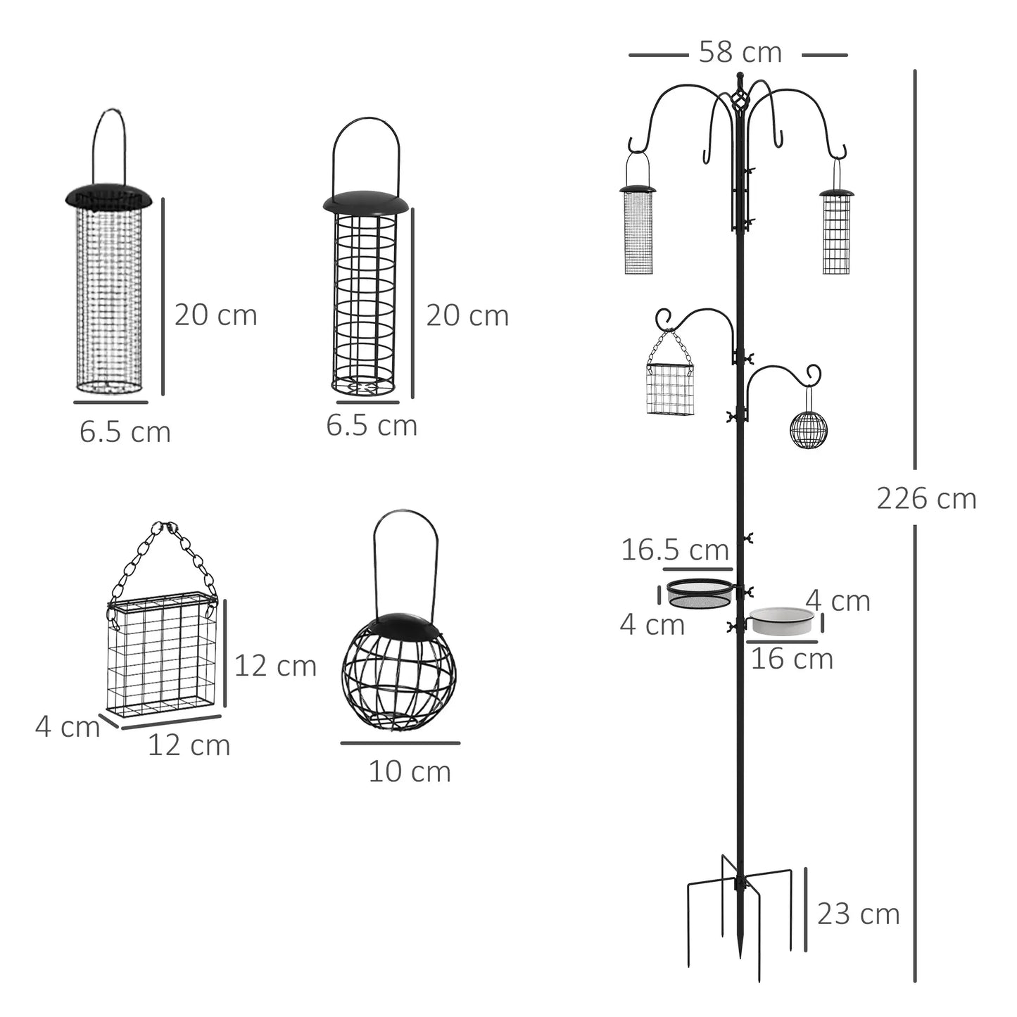 Bird Feeder with 6 Hooks and 4 Steel Food Containers, 58x58x226cm