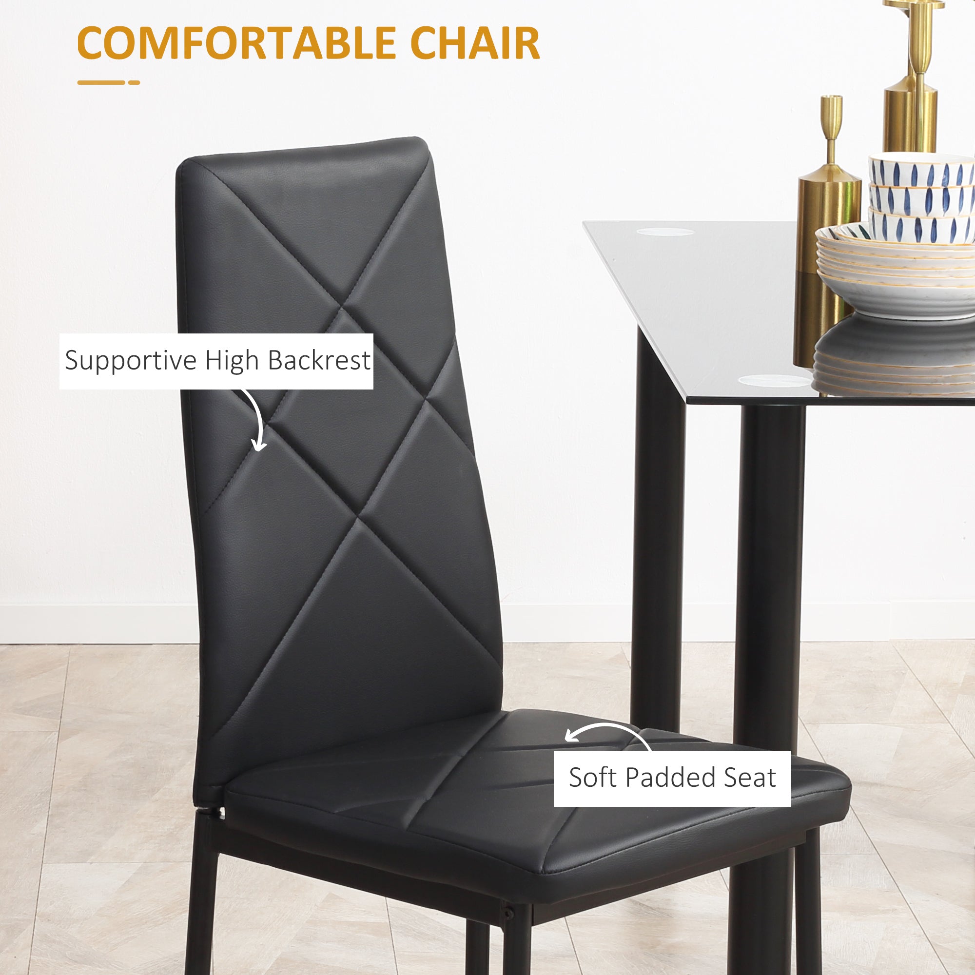 Dining Table and Chairs Set for 4, Modern 5 Pieces Kitchen Table Set with Glass Table, Padded Seat and Steel Frame - Borgè