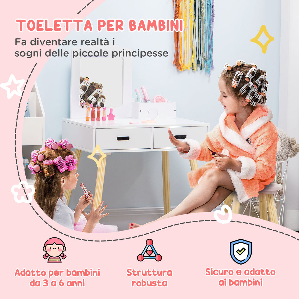 Children's Dressing Table Set with Makeup Table and Stool, Mirror and 2 Drawers, White and Wood Color