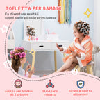 Children's Dressing Table Set with Makeup Table and Stool, Mirror and 2 Drawers, White and Wood Color