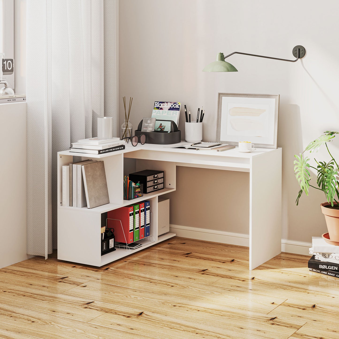 Modern Corner Office Desk with 4 Shelves in White Wood, 120x100x77 cm