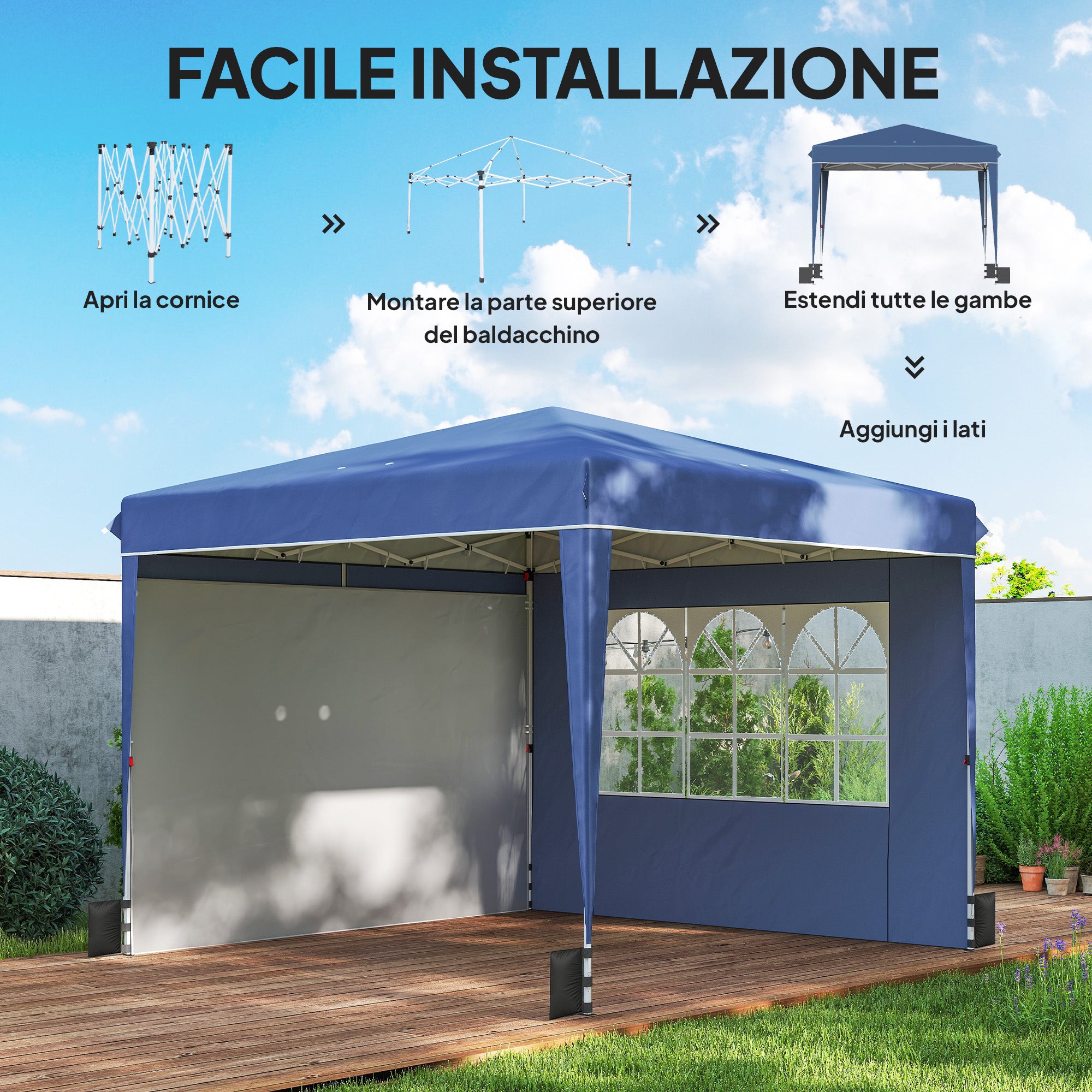Outsunny 3x3m Folding Gazebo with Walls and Adjustable Height, UV Protection 50+, Dark Blue