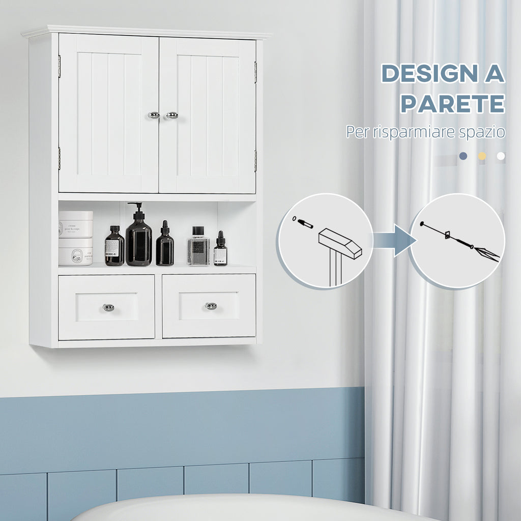 2 Door Bathroom Wall Cabinet with Open Shelf and 2 Wooden Drawers, White