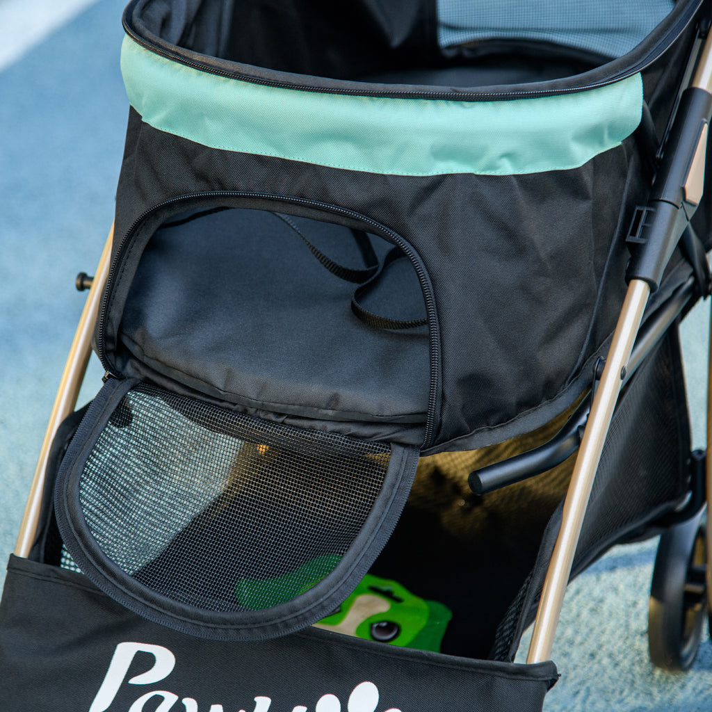 Foldable Dog Stroller with Rain Cover, Basket, and Built-in Leash, Green