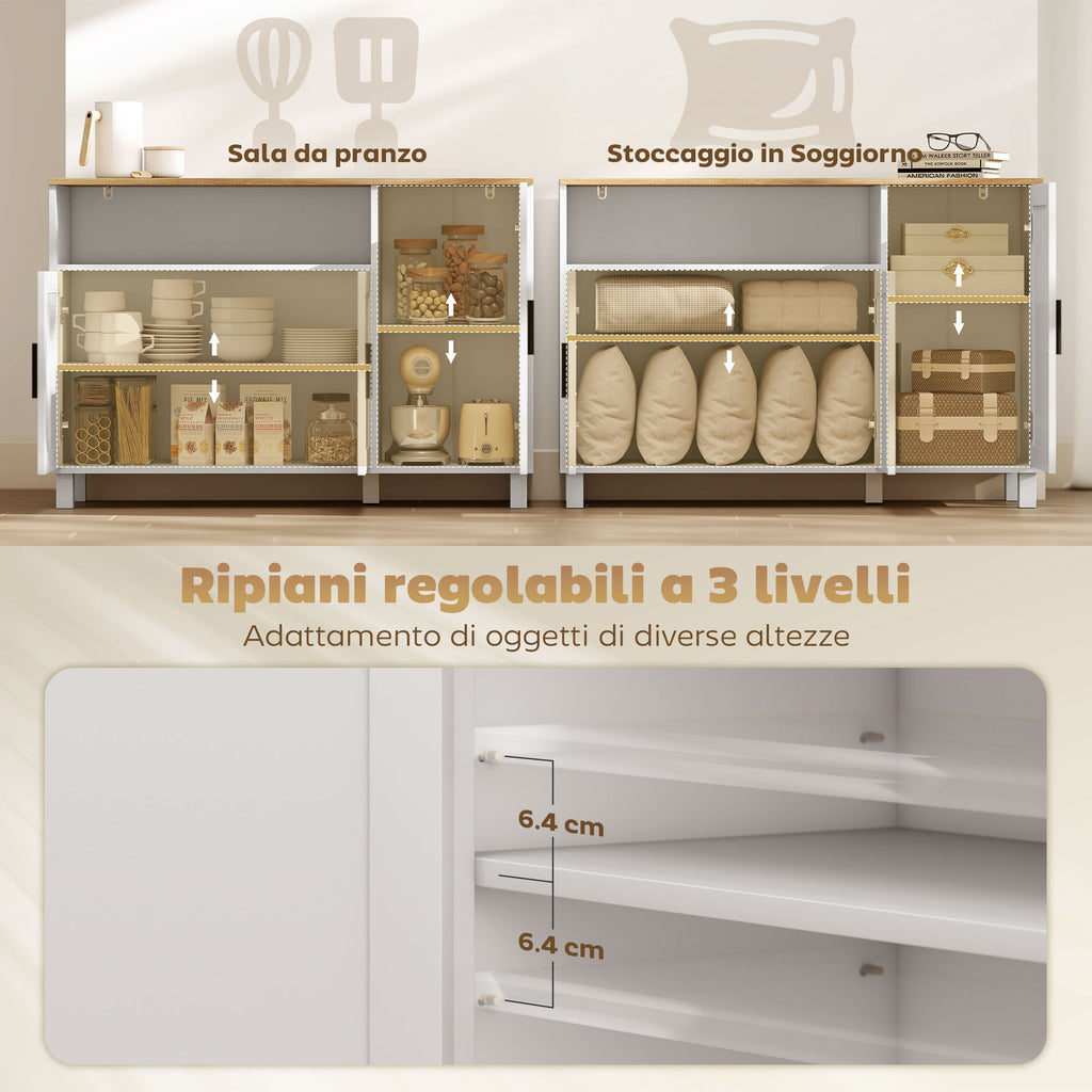 Kitchen Sideboard with Soft-Close Doors, 2 Cupboards and Open Wooden Compartment, 110x33x75 cm, White