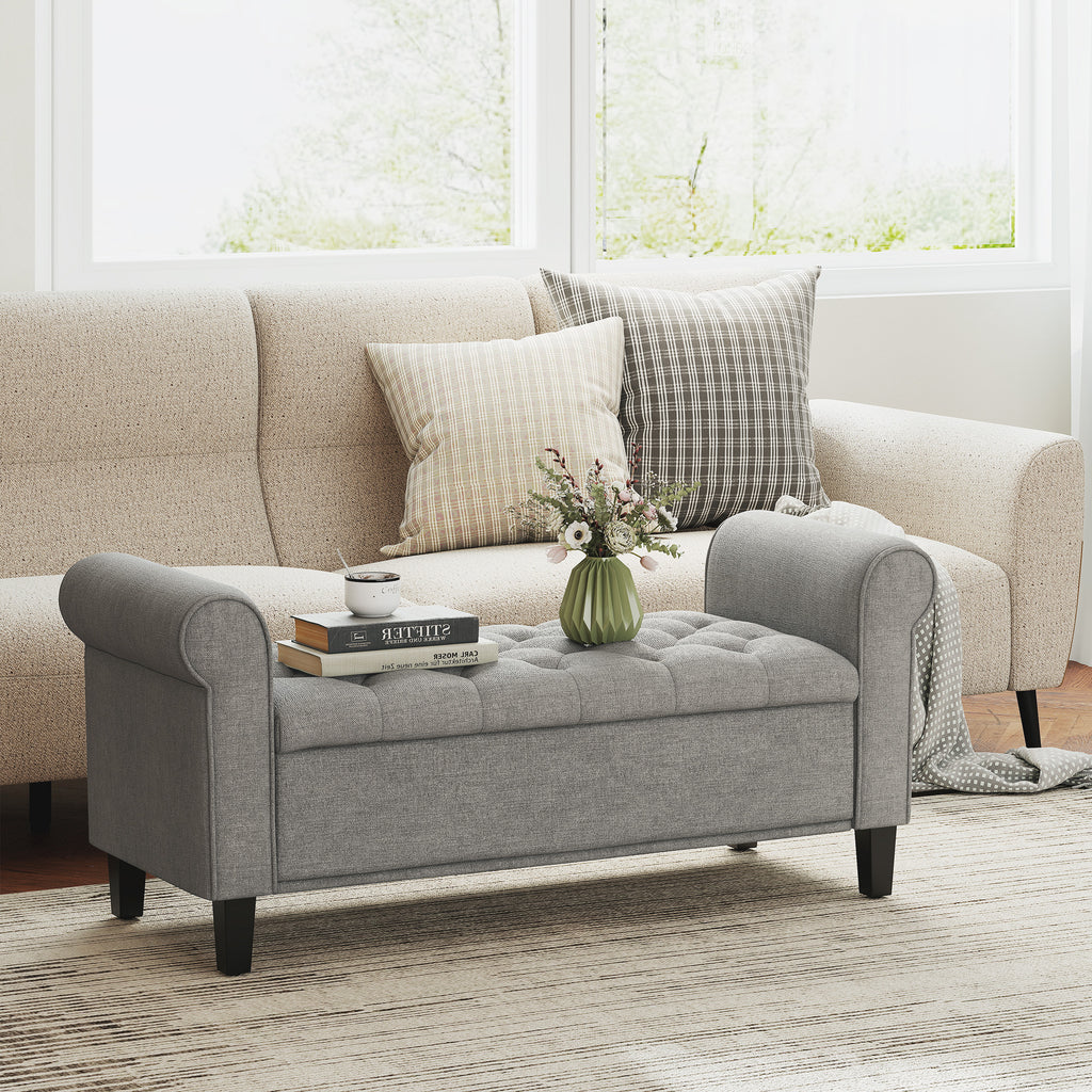 HOMCOM Velvet Fabric Bedside Bench with Storage and Rolled Armrests, Light Grey