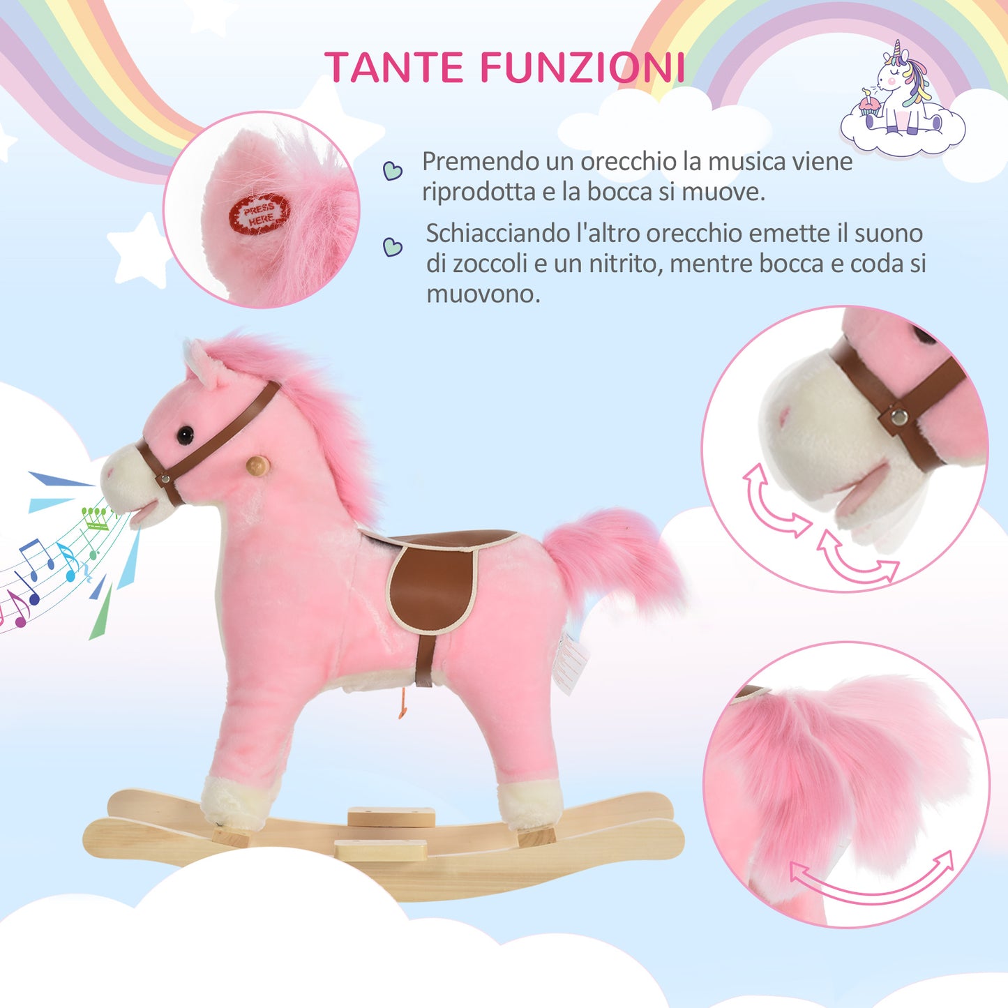 HOMCOM Wooden Rocking Horse Toy with Realistic Sounds for Children 36-72 Months, Includes 2 AA Batteries, Pink