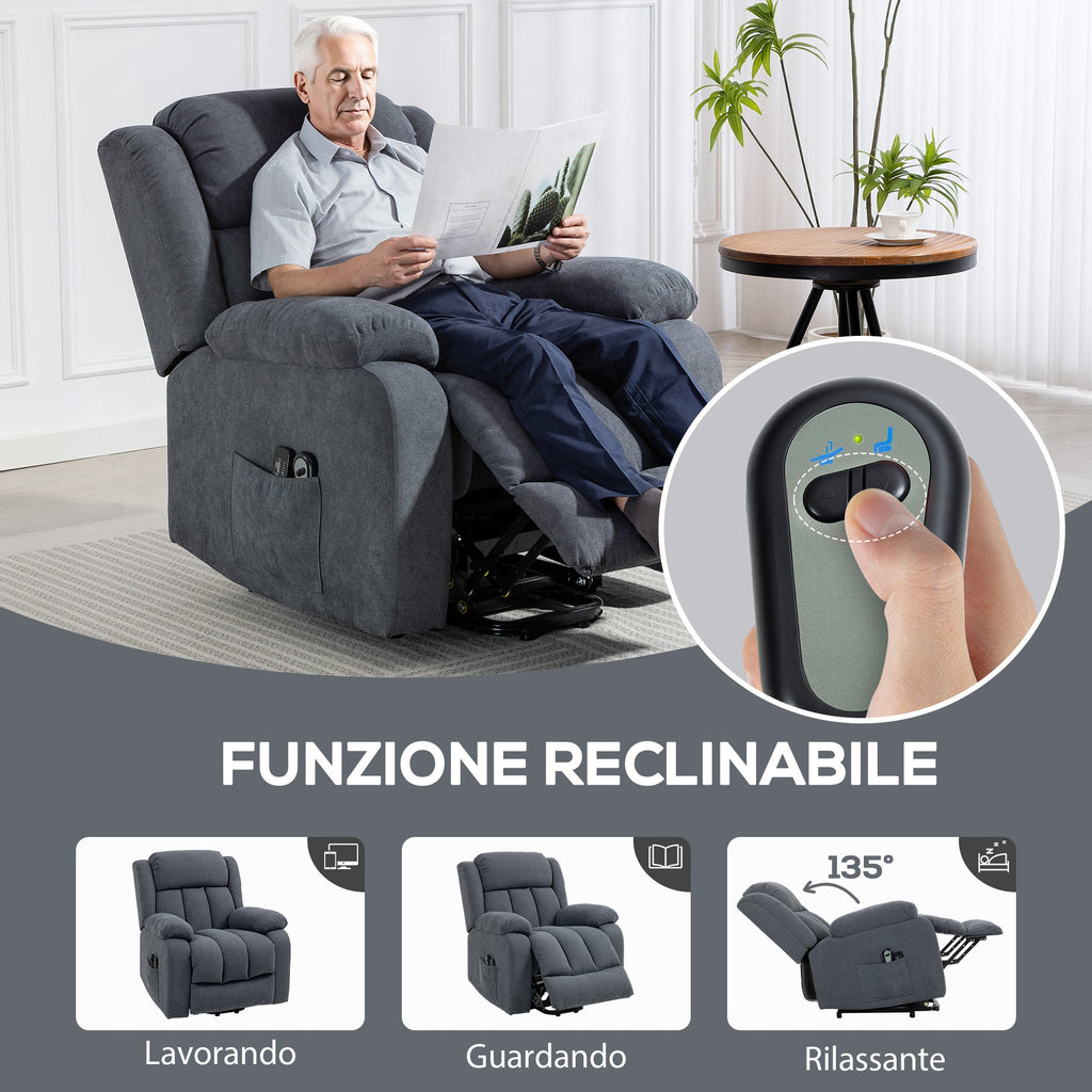 135° Electric Lift Reclining Chair in Linen Effect Fabric with Footrest, Dark Grey