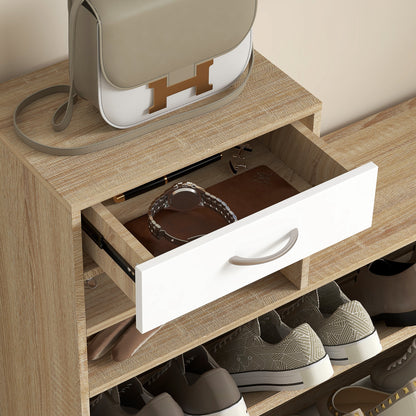 TWENTY | Coat Stand 3 in 1 with Shoe Rack and Mirror, Hooks and Drawers, in Wood, 90x24x177 cm, White and Oak