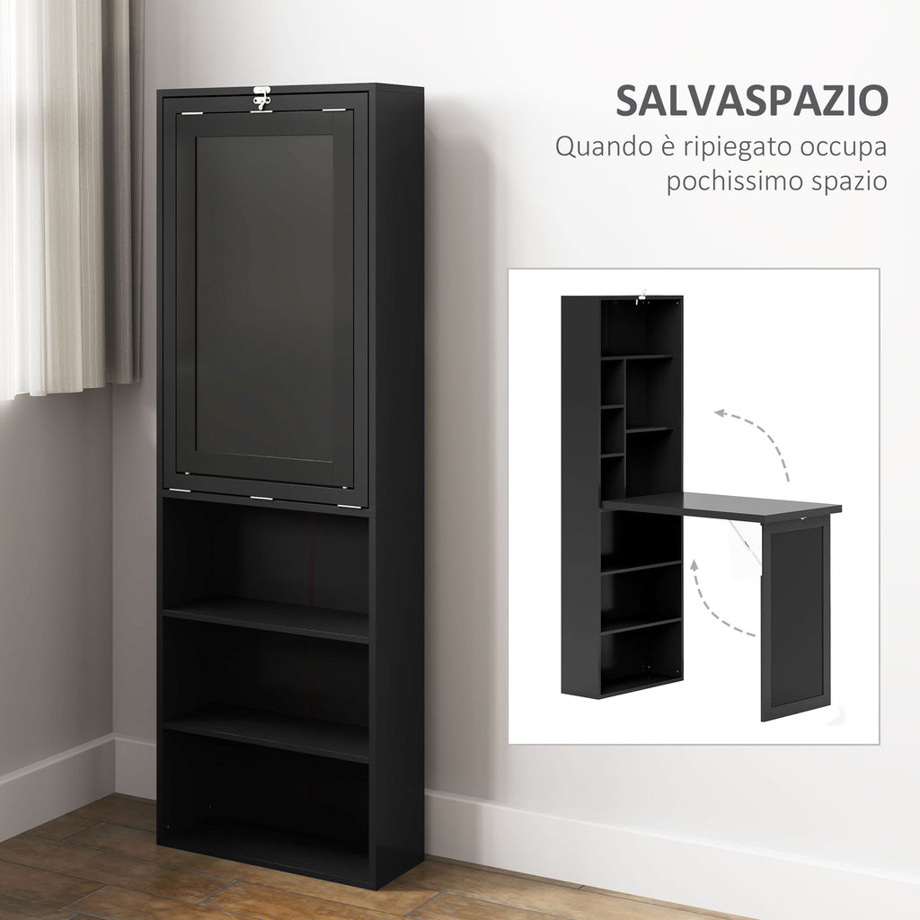 Modern Folding Desk with Bookshelf and Blackboard, Wood and Metal, 98x51x153 cm, Black