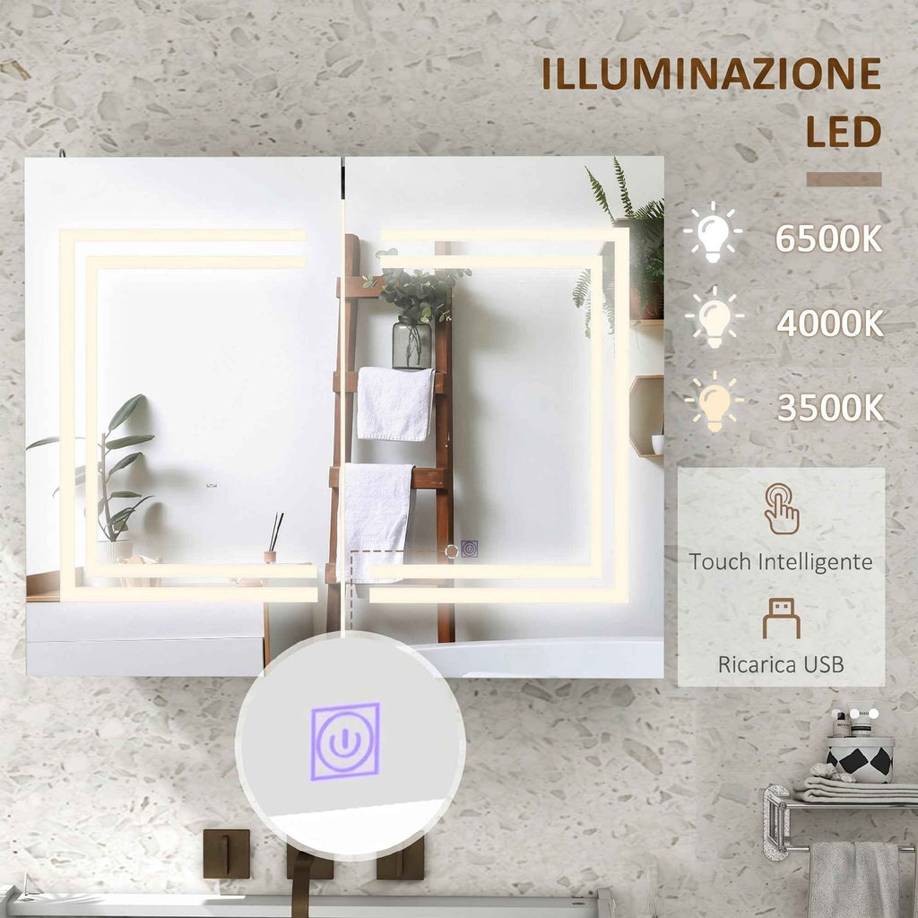 kleankin Bathroom Mirror Cabinet with LED Light, 80 x 65cm Bathroom Cabinet with Mirror, Soft Close Door, 3-Color Dimmable, Adjustable Shelves, Gloss White