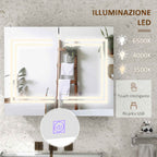 kleankin Bathroom Mirror Cabinet with LED Light, 80 x 65cm Bathroom Cabinet with Mirror, Soft Close Door, 3-Color Dimmable, Adjustable Shelves, Gloss White