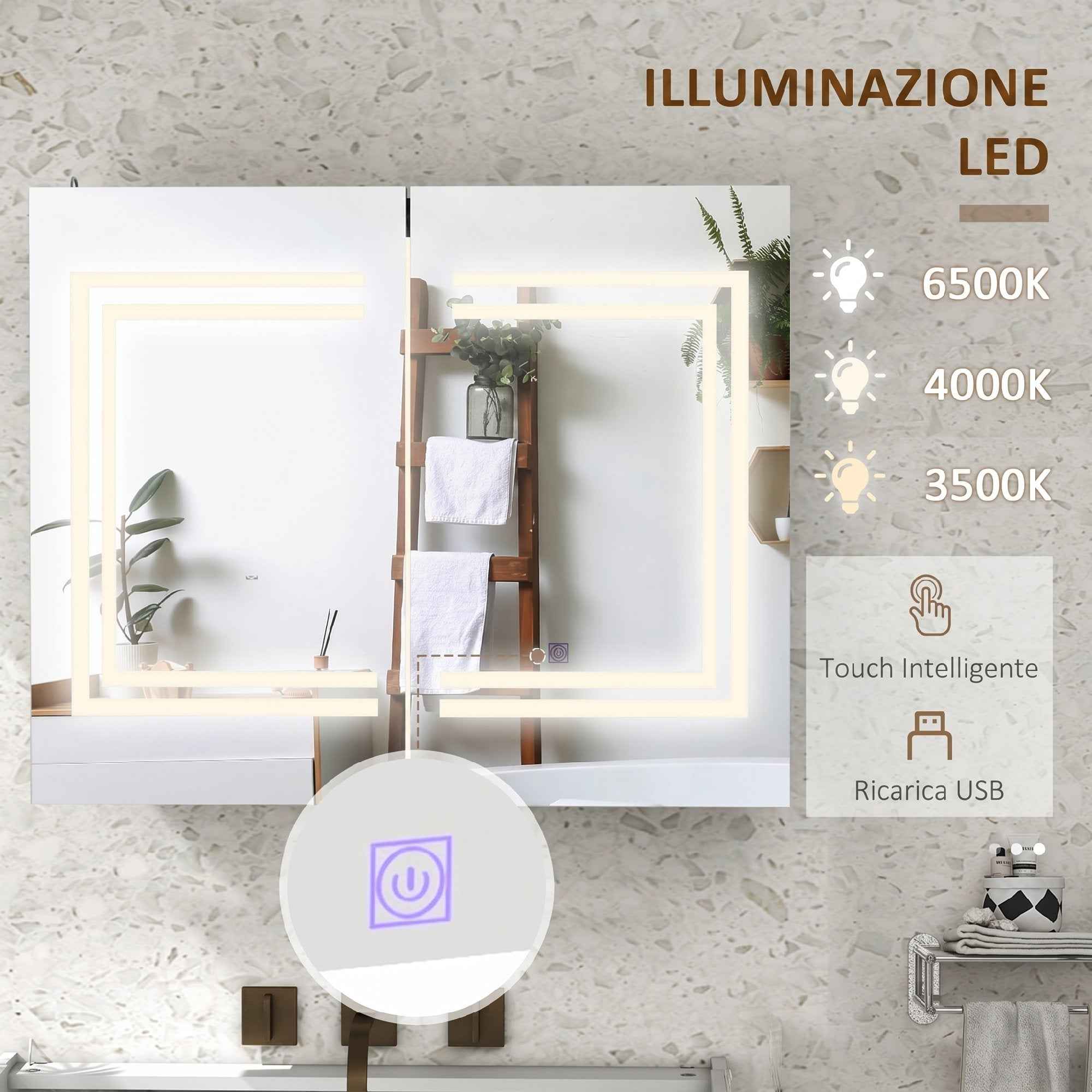 kleankin Bathroom Mirror Cabinet with LED Light, 80 x 65cm Bathroom Cabinet with Mirror, Soft Close Door, 3-Color Dimmable, Adjustable Shelves, Gloss White