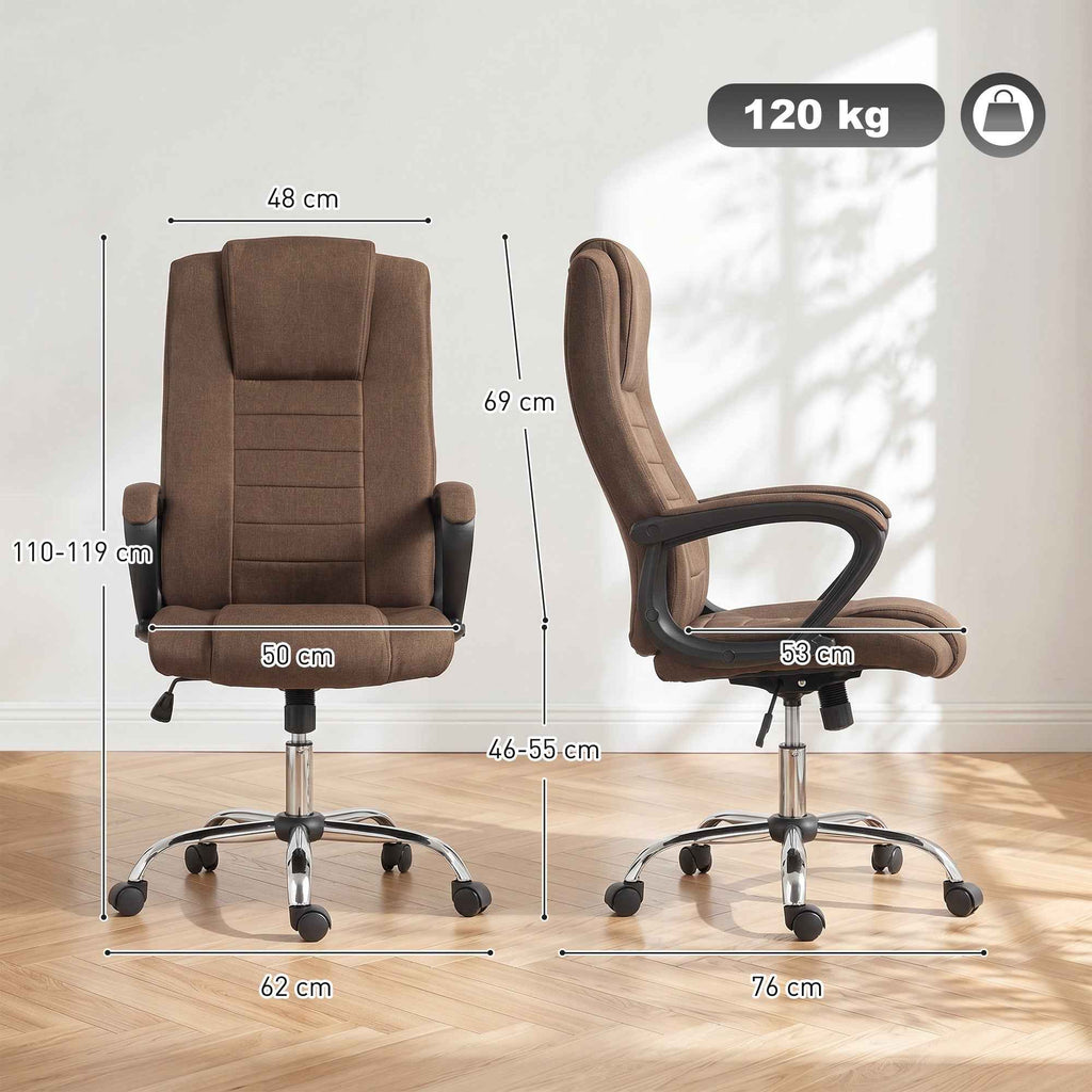 Vinsetto Ergonomic Reclining and Swivel Office Chair in Linen Effect Fabric with Headrest, Brown