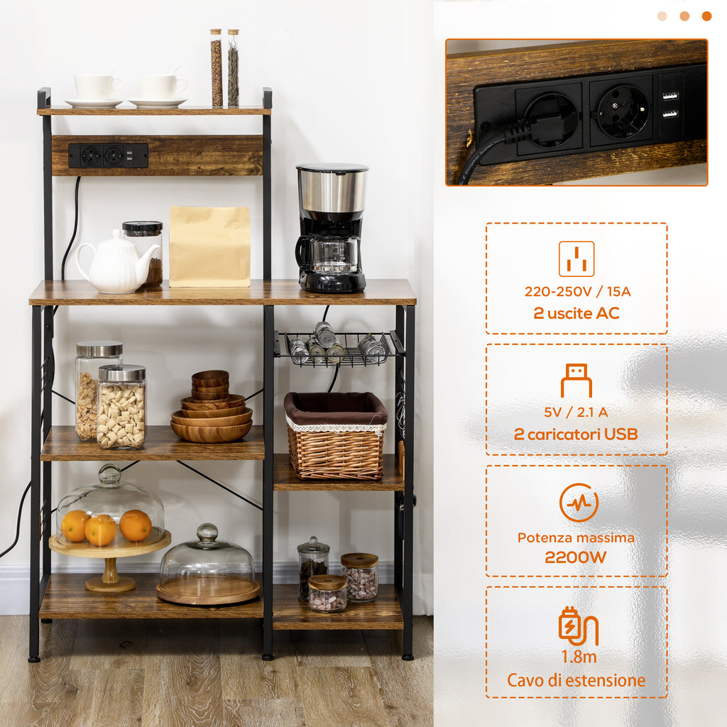 Microwave Multi-Socket Kitchen Shelf with Shelves and Mesh Basket, 90x42x130cm, Brown