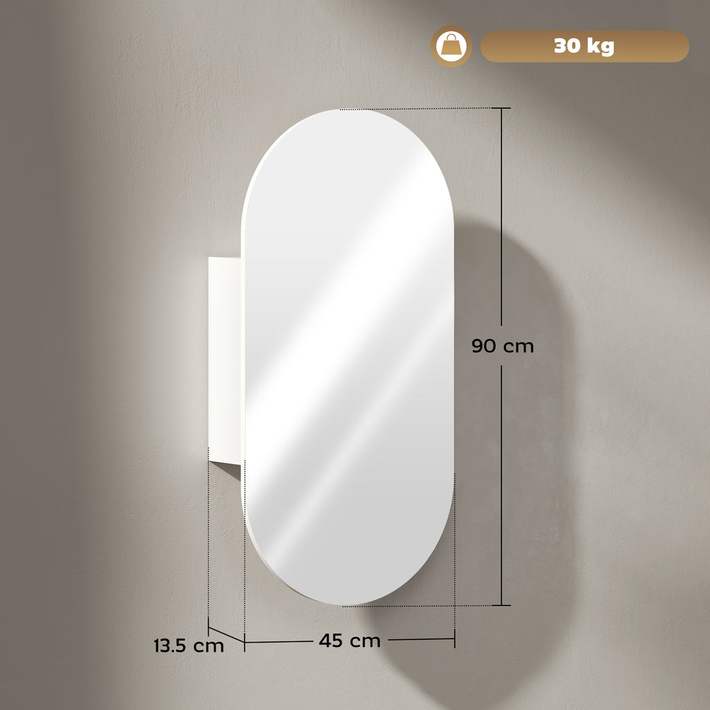 Modern Oval Bathroom Mirror with Cabinet and Two Shelves, 45x90 cm, White