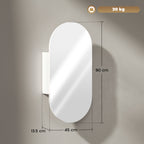 Modern Oval Bathroom Mirror with Cabinet and Two Shelves, 45x90 cm, White