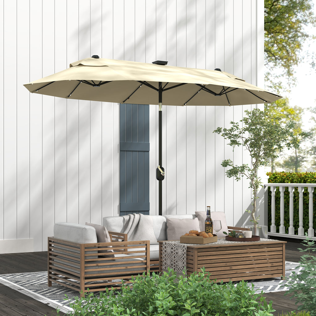 Double Parasol with LED Lights and Cross Base, in Polyester and Steel, 295x150x219 cm, Cream White