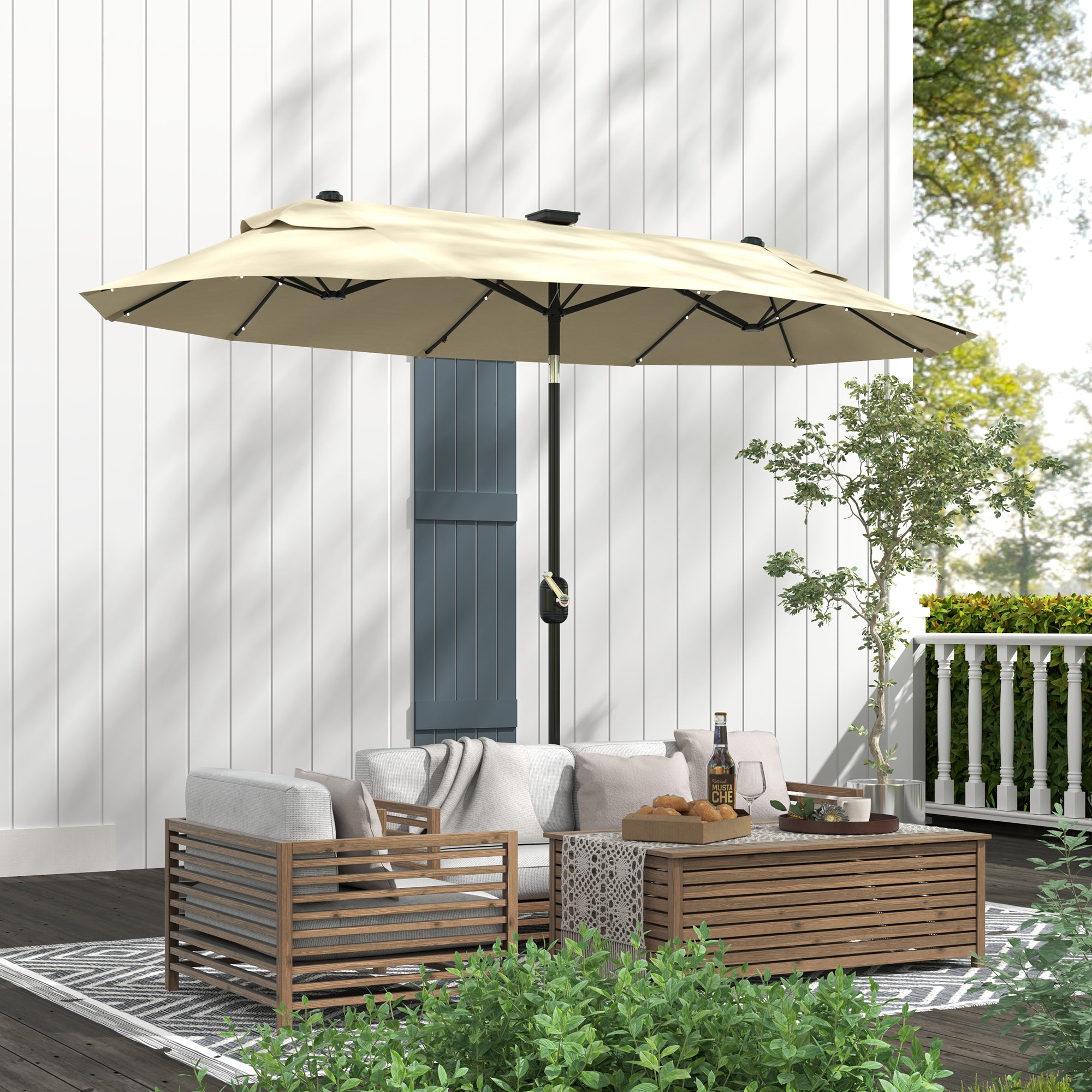 Double Parasol with LED Lights and Cross Base, in Polyester and Steel, 295x150x219 cm, Cream White