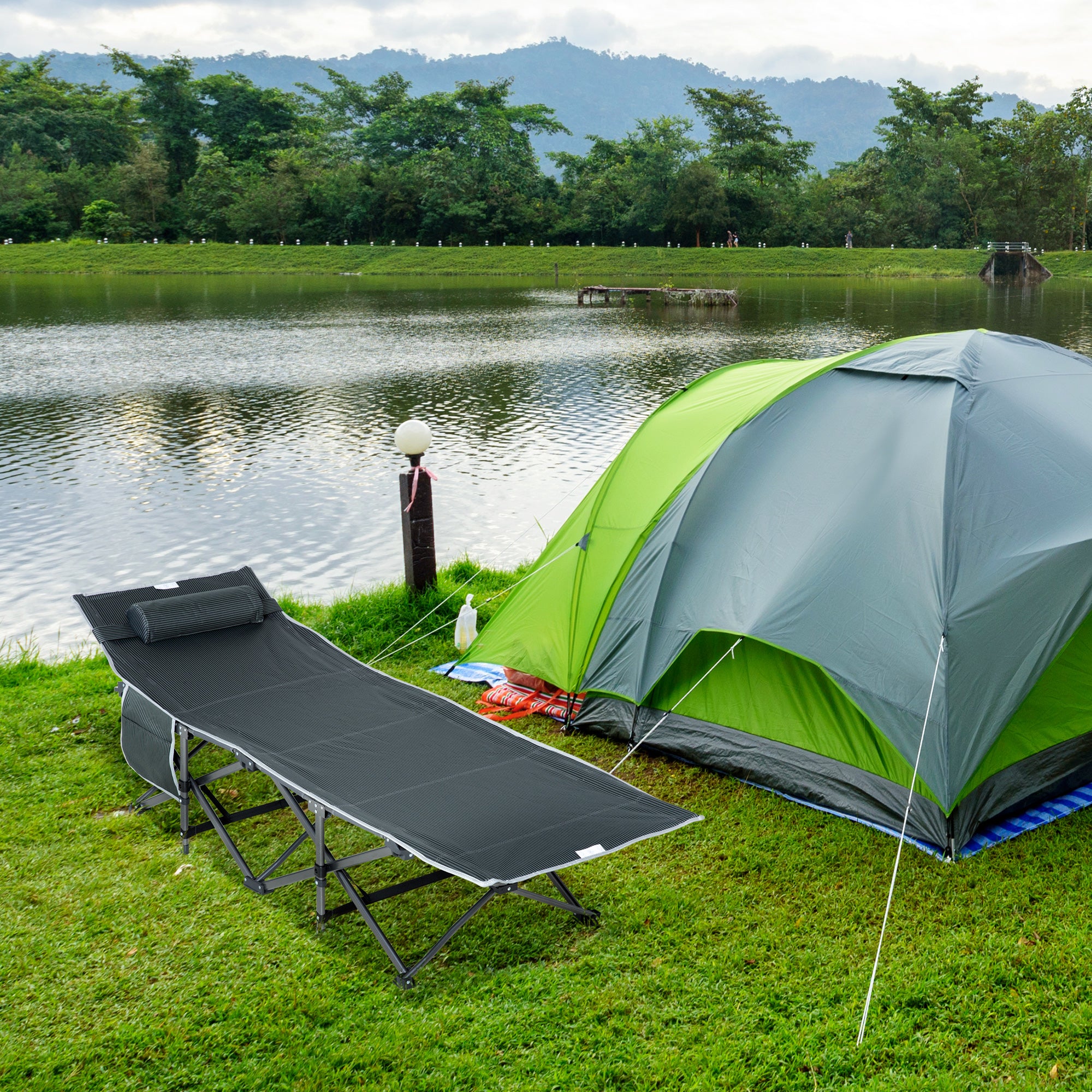 Folding and Padded Camping Cot with Storage Pocket, 188x64.5x53 cm, Gray