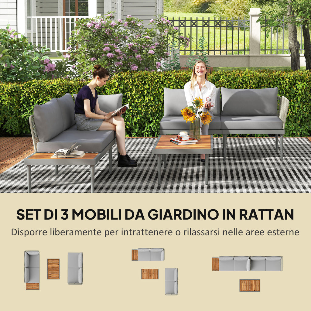 3 Piece Outdoor Set with 2 2-Seater Sofas and Coffee Table, in Rattan and Steel Grey and Wood Color