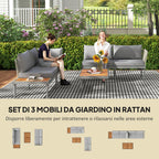 3 Piece Outdoor Set with 2 2-Seater Sofas and Coffee Table, in Rattan and Steel Grey and Wood Color