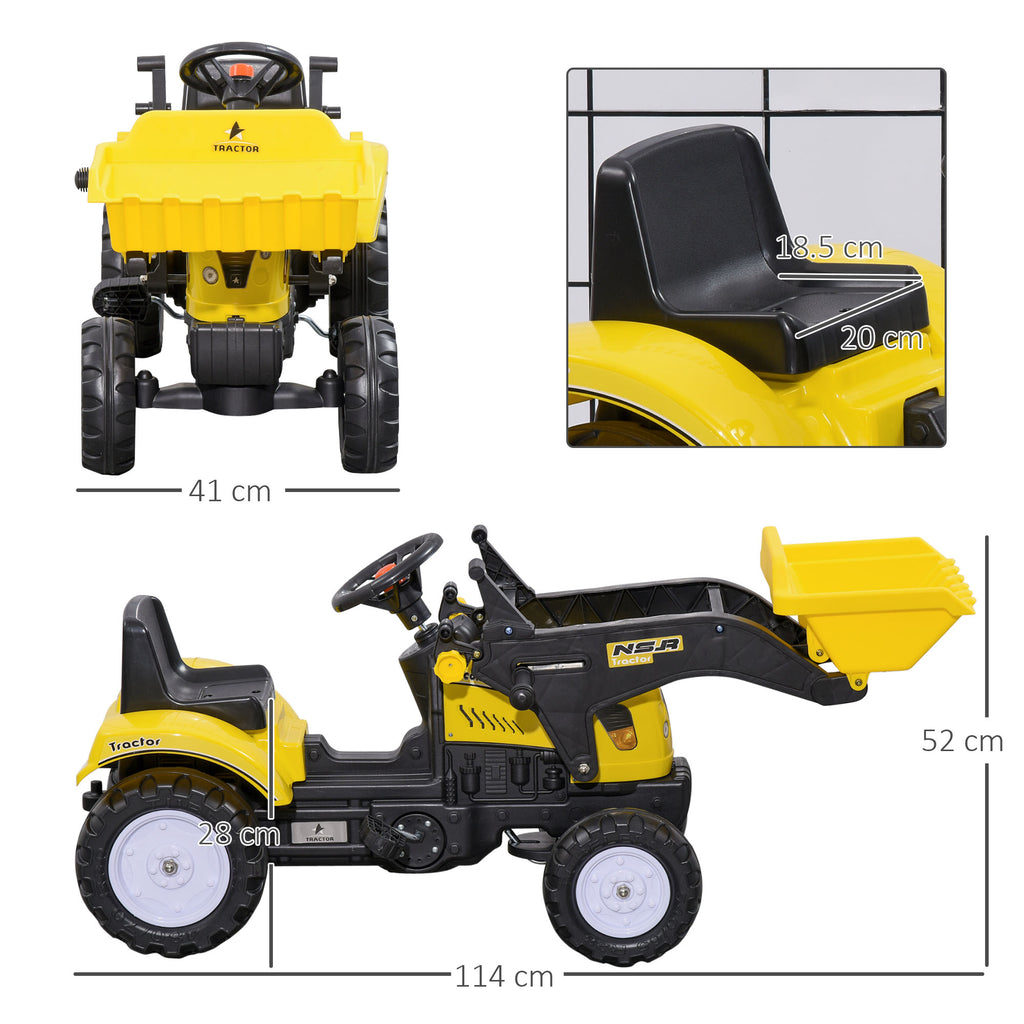 Pedal Excavator for Kids from 3 Years with Front Loader and Steering Wheel, Yellow